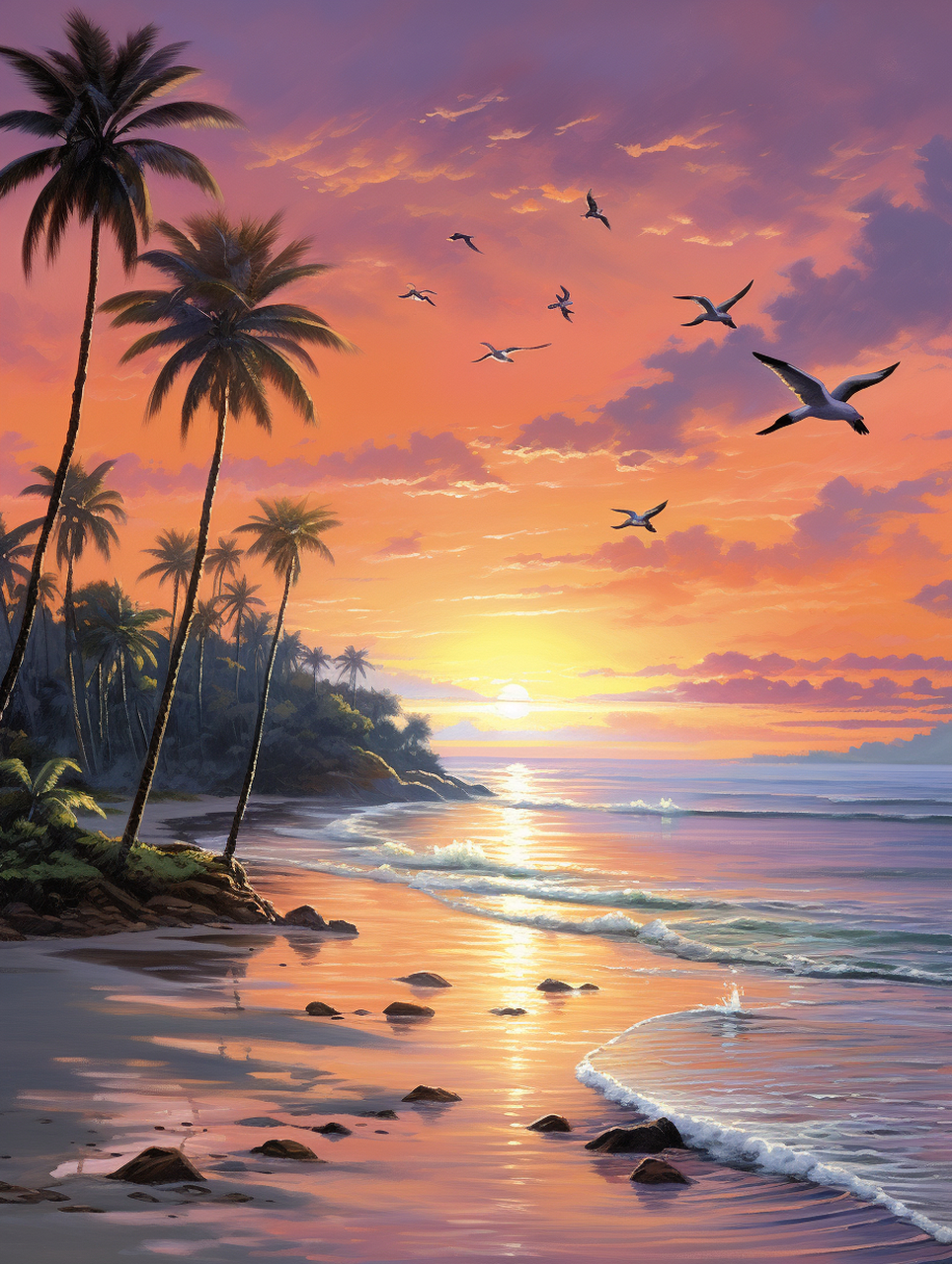 "晨光中的棕榈与海滩,油画下的温柔梦境.