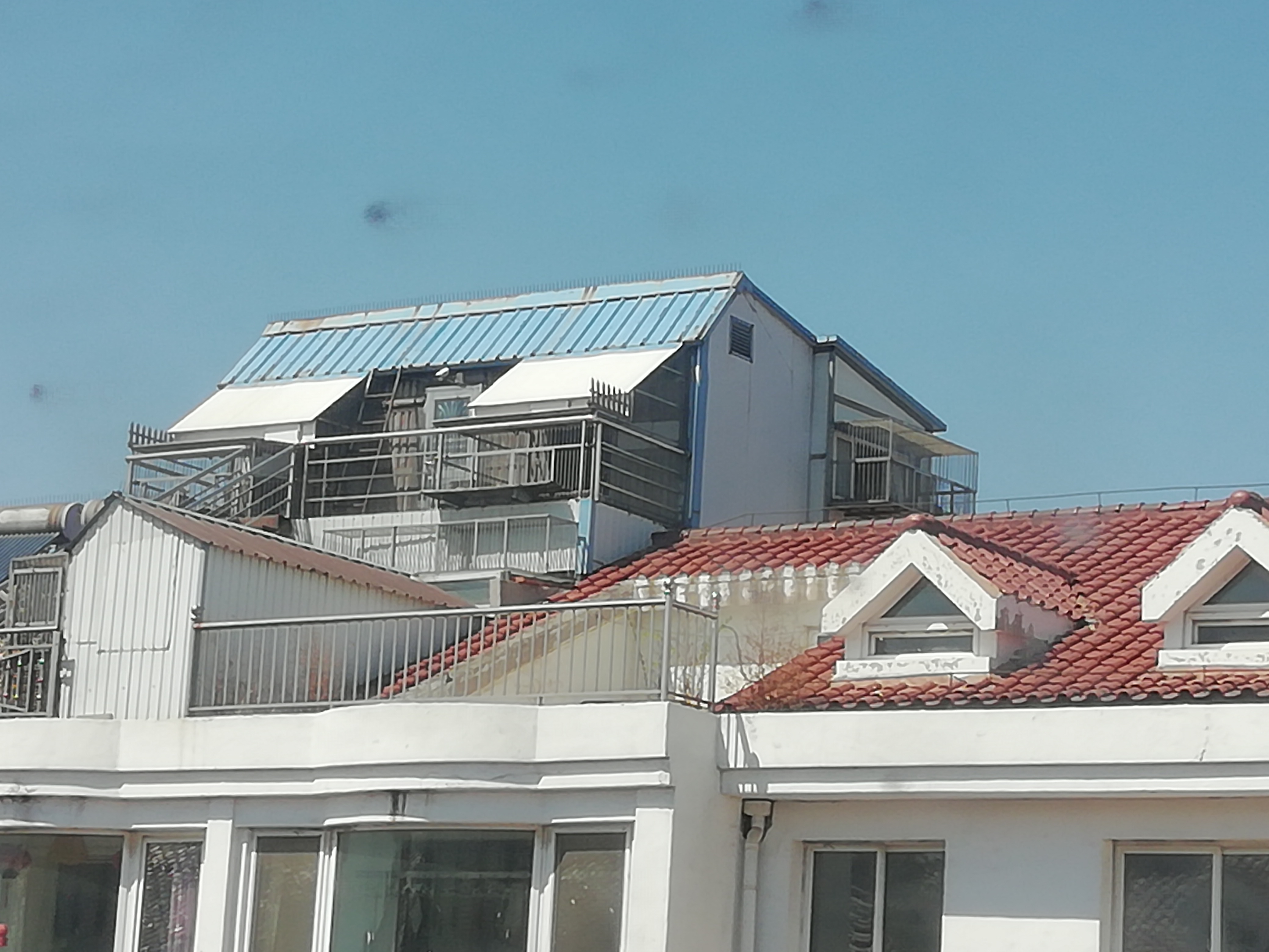 楼顶建房子,养鸽子,可以理解,顶楼阳台建一个亭子还是第一次见到,这是