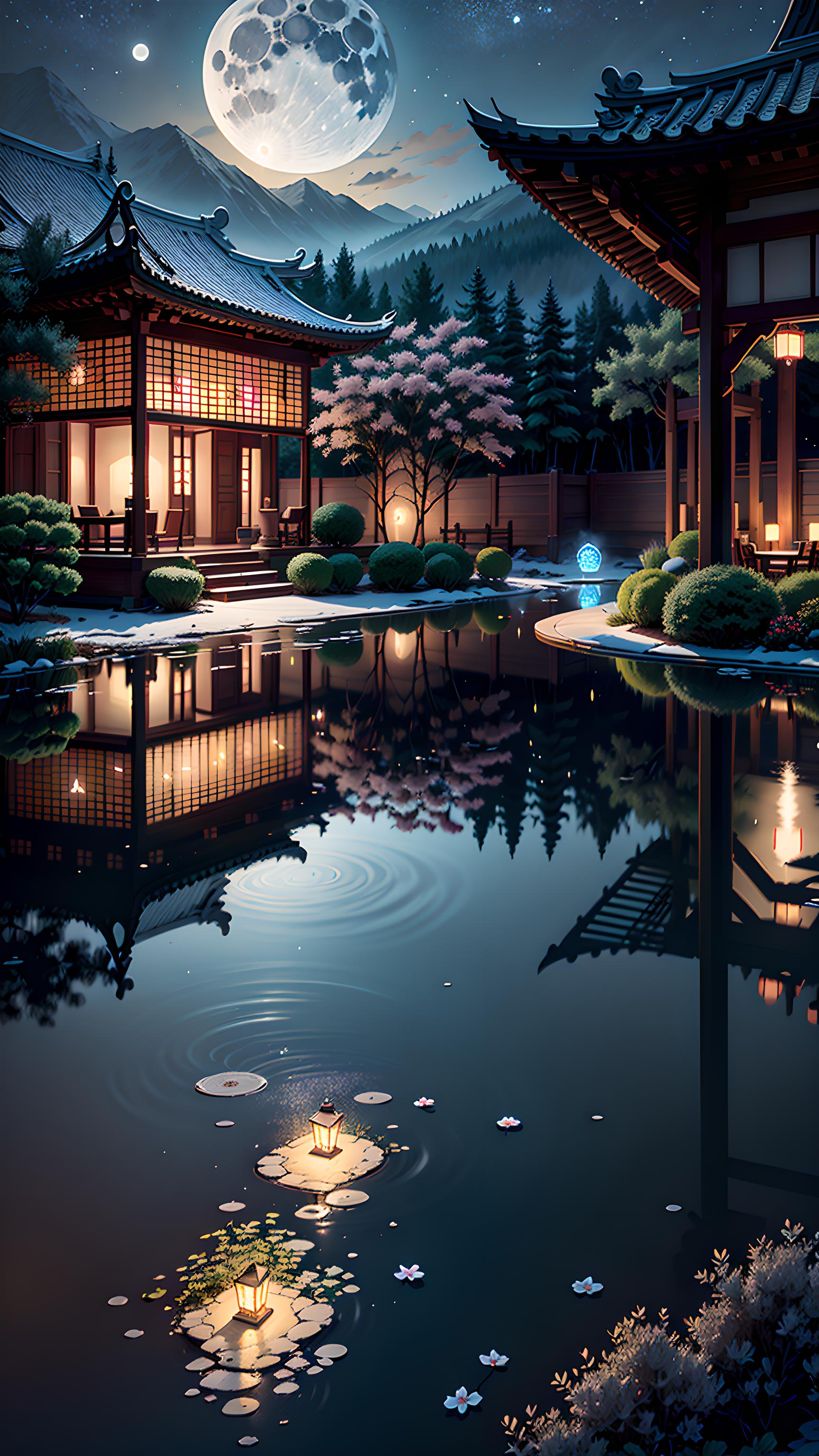 月下庭院,静谧如画   东方风情的庭院里,高耸的山峰与山脚下宁静的