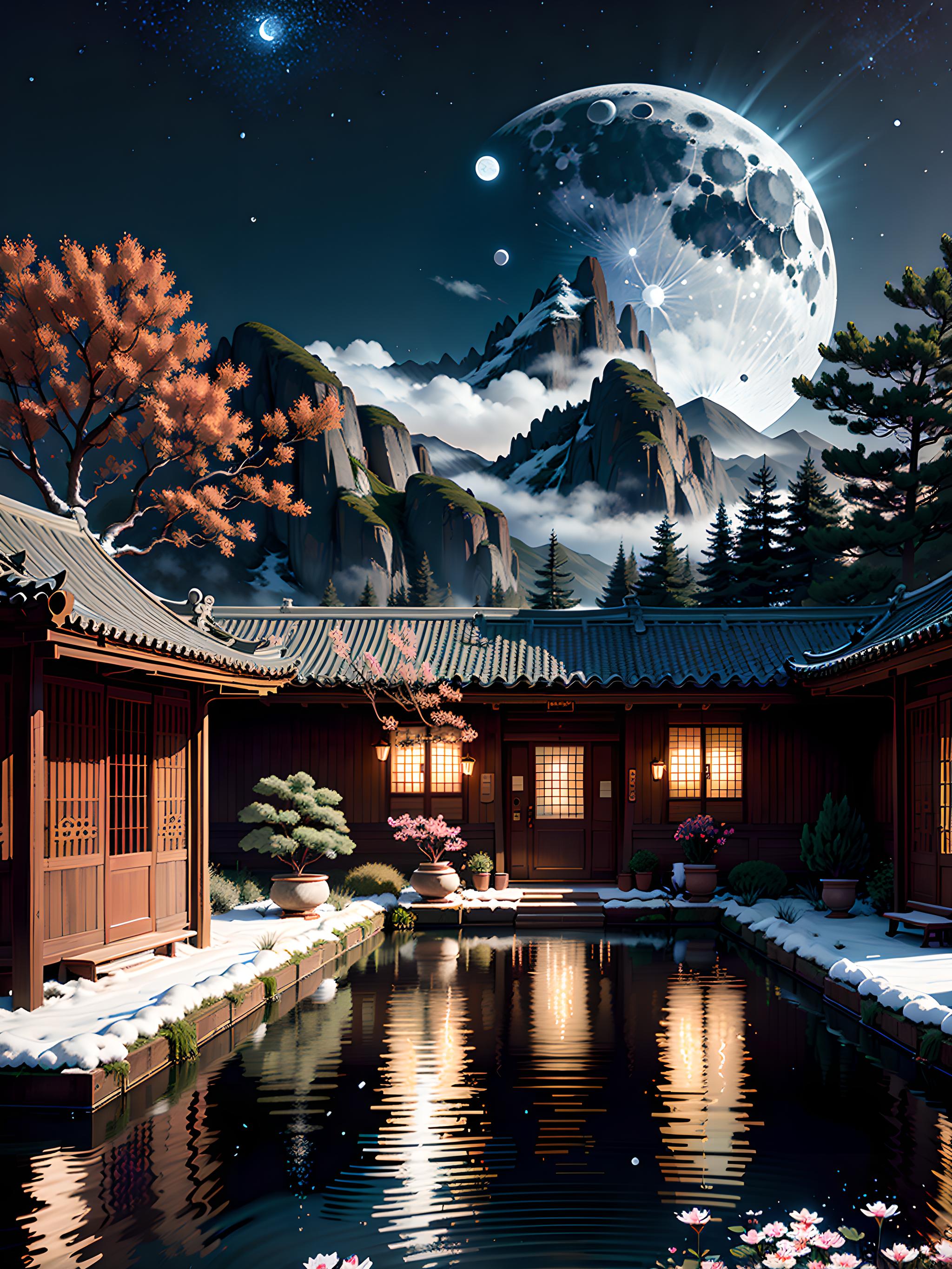 月下庭院,静谧如画   东方风情的庭院里,高耸的山峰与山脚下宁静的