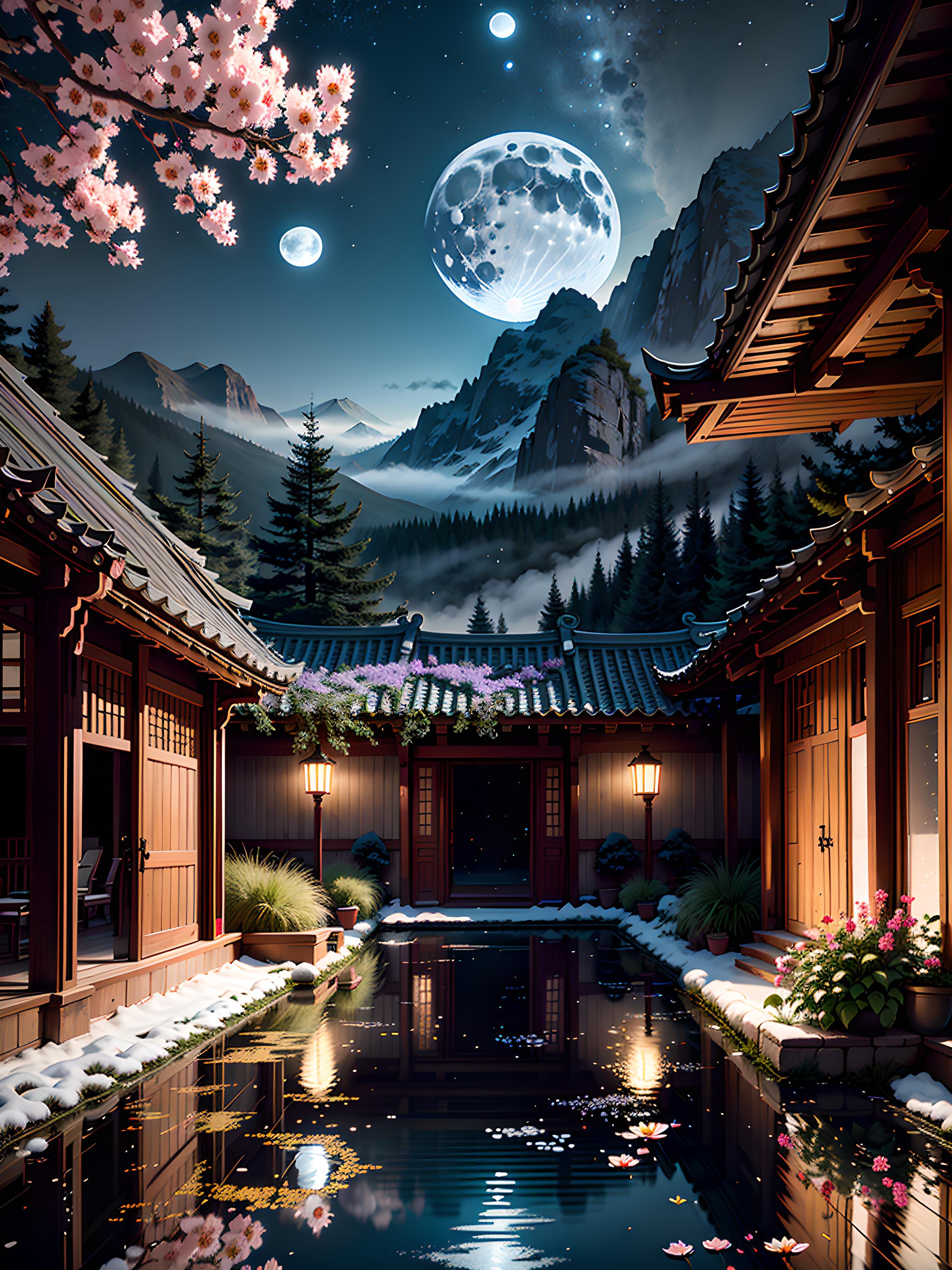 月下庭院,静谧如画   东方风情的庭院里,高耸的山峰与山脚下宁静的