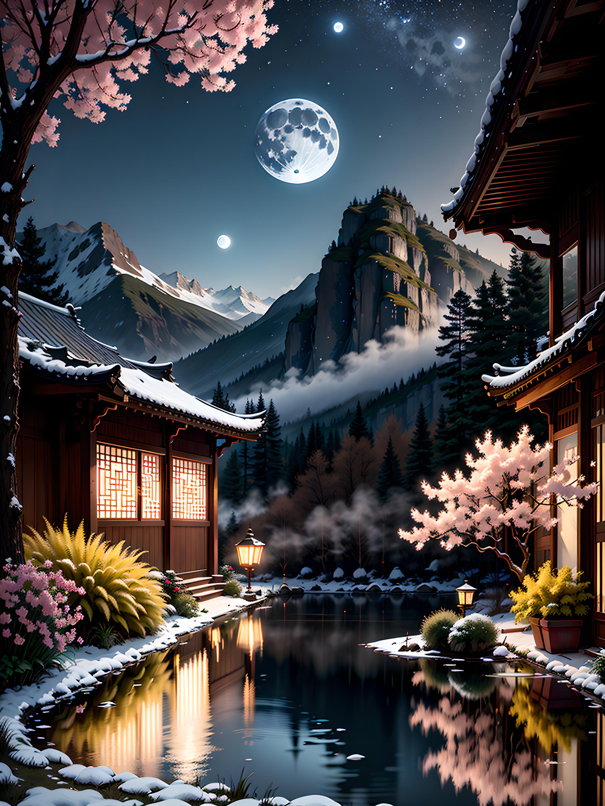 月下庭院,静谧如画   东方风情的庭院里,高耸的山峰与山脚下宁静的