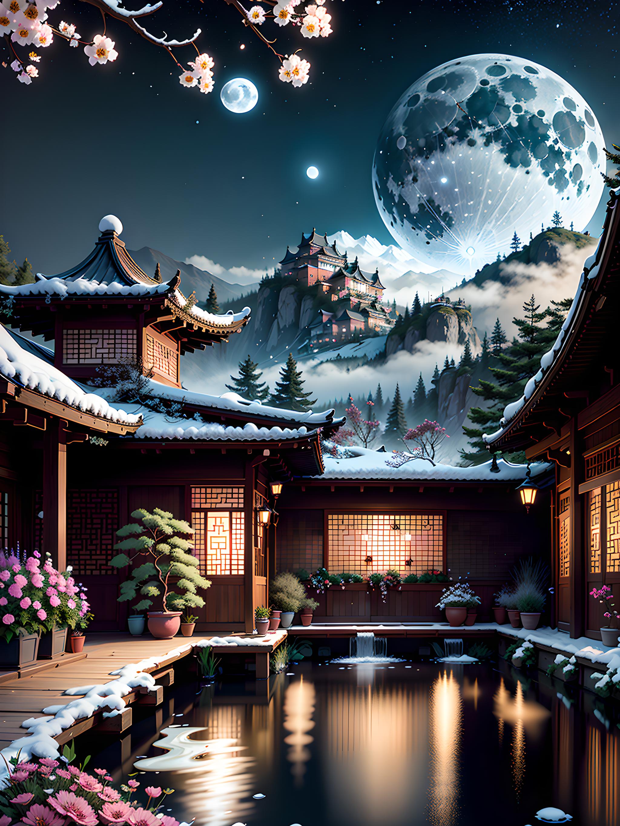 月下庭院,静谧如画   东方风情的庭院里,高耸的山峰与山脚下宁静的