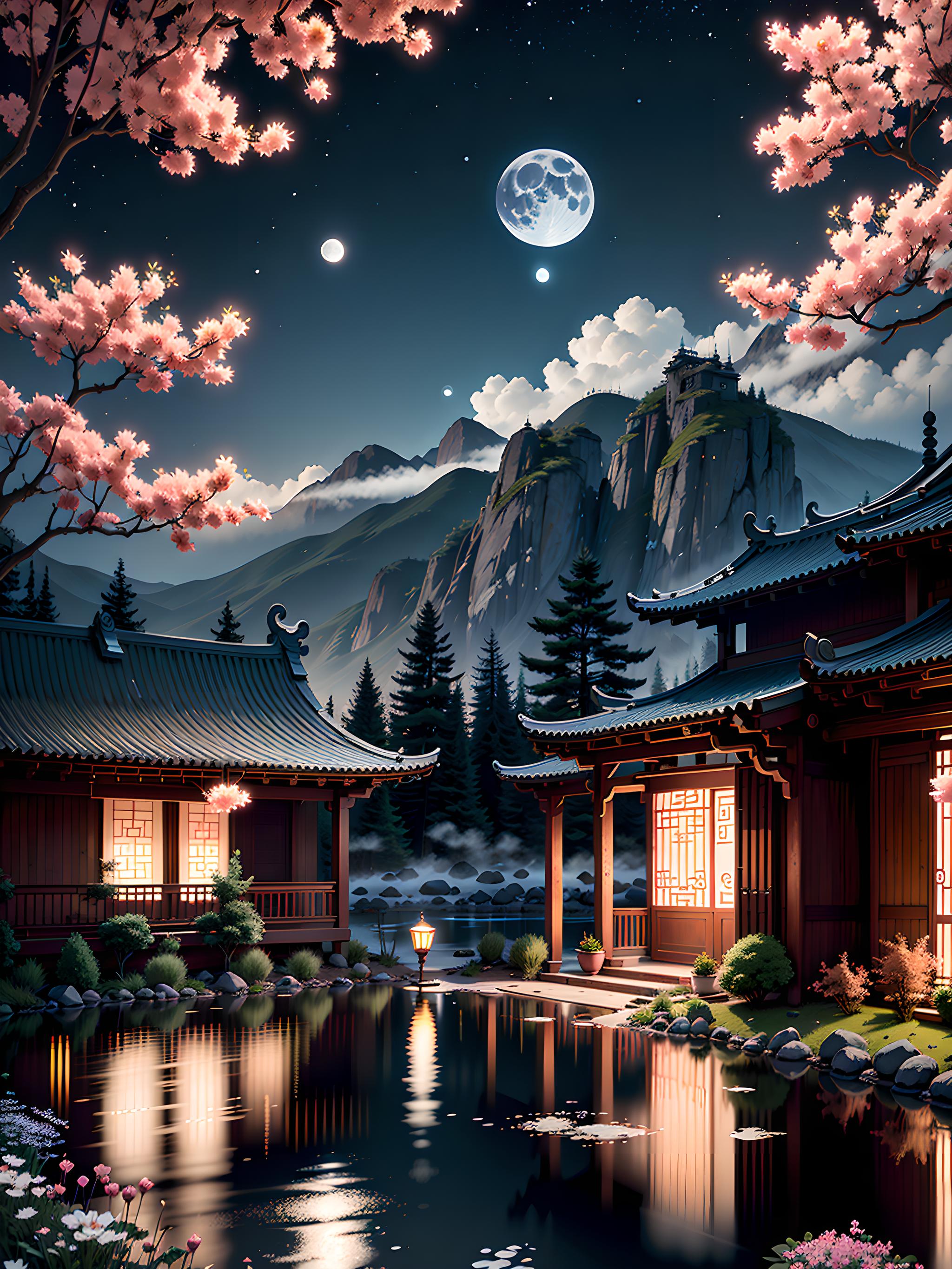 月下庭院,静谧如画   东方风情的庭院里,高耸的山峰与山脚下宁静的