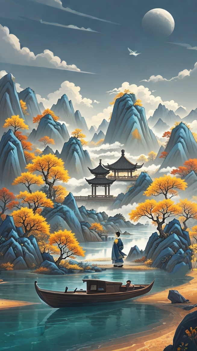 国风山水画,墨韵染秋光.峰峦如智者沉思,叠嶂于秋色中更显沉稳