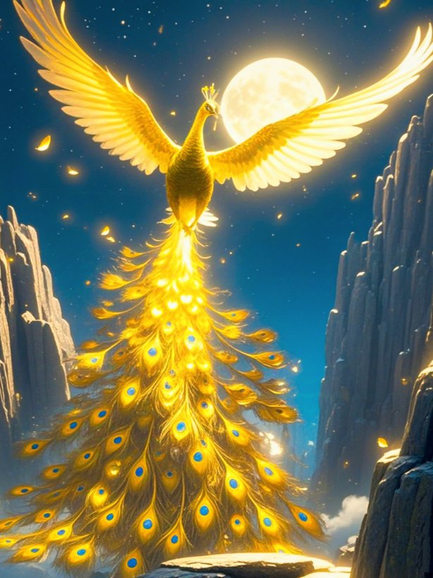 《金孔雀》 璀璨金翎映夜天,华光溢彩韵如仙