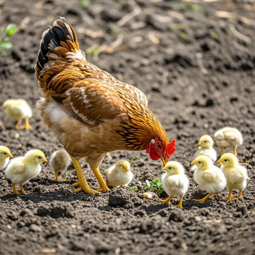 老母鸡带着一群小鸡在田间刨食.母鸡眼神慈爱,警惕四周