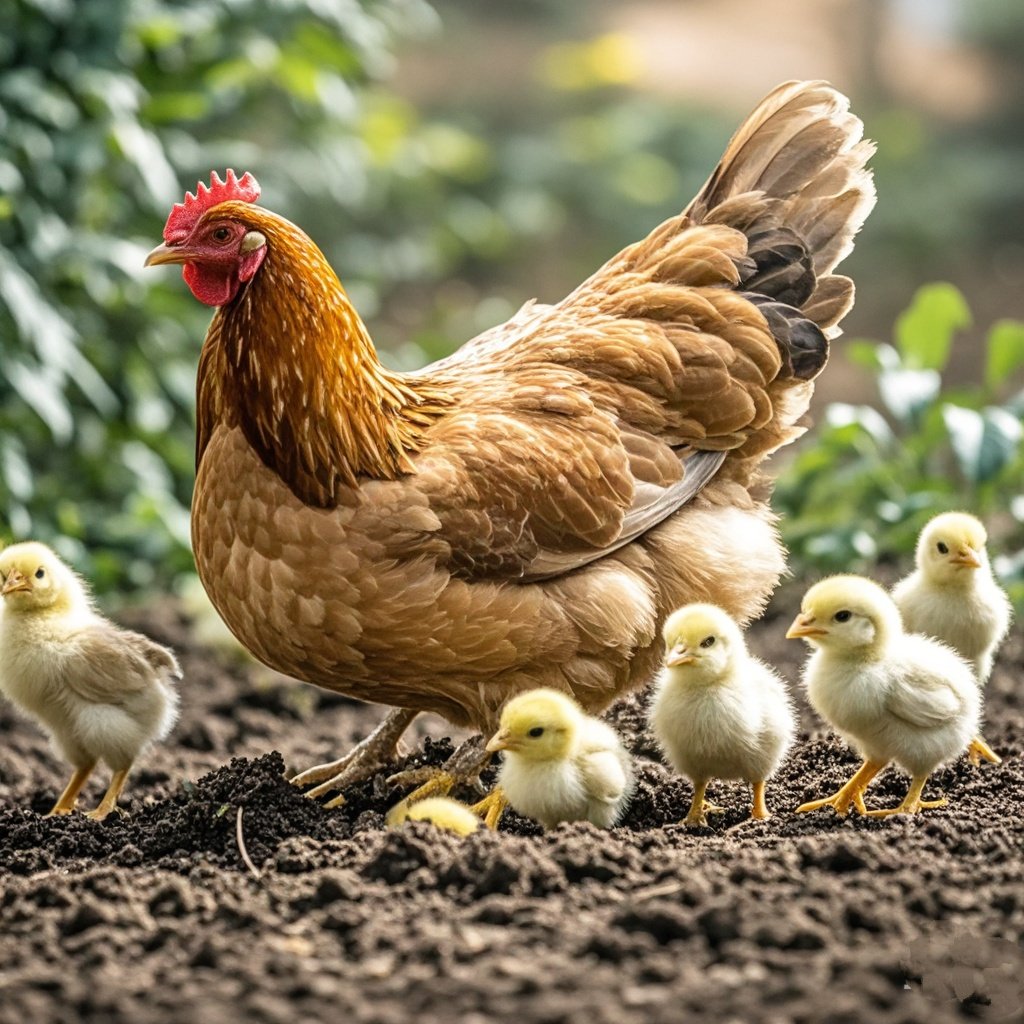老母鸡带着一群小鸡在田间刨食.母鸡眼神慈爱,警惕四周