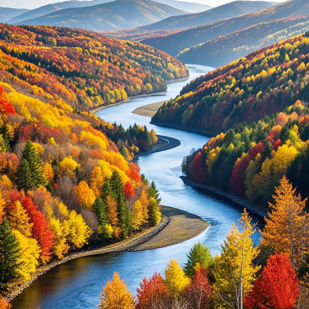 山下,蓝色的河水波光粼粼,清澈的小溪潺潺流淌,它们与五花山相映成趣