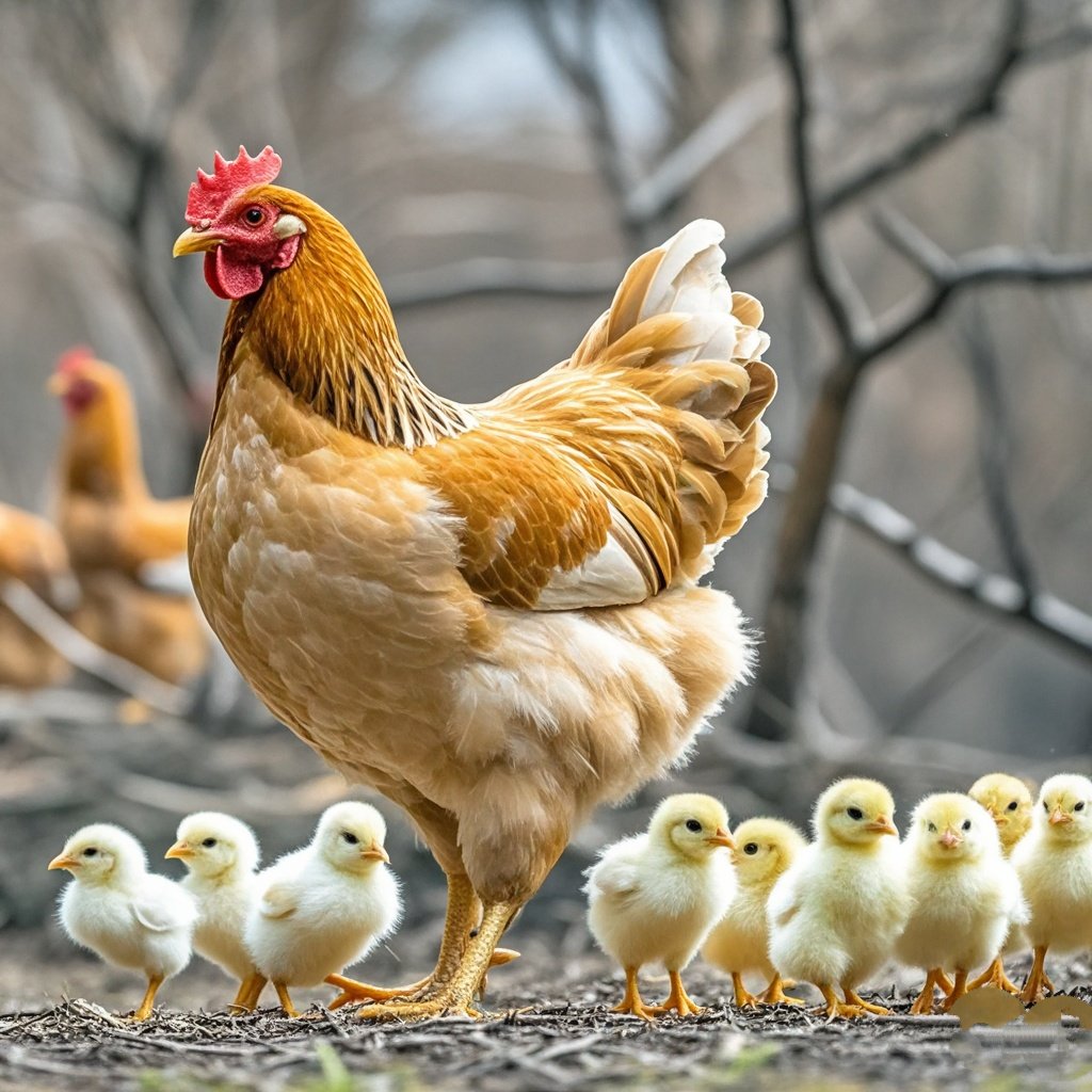 老母鸡带着一群小鸡在田间刨食.母鸡眼神慈爱,警惕四周