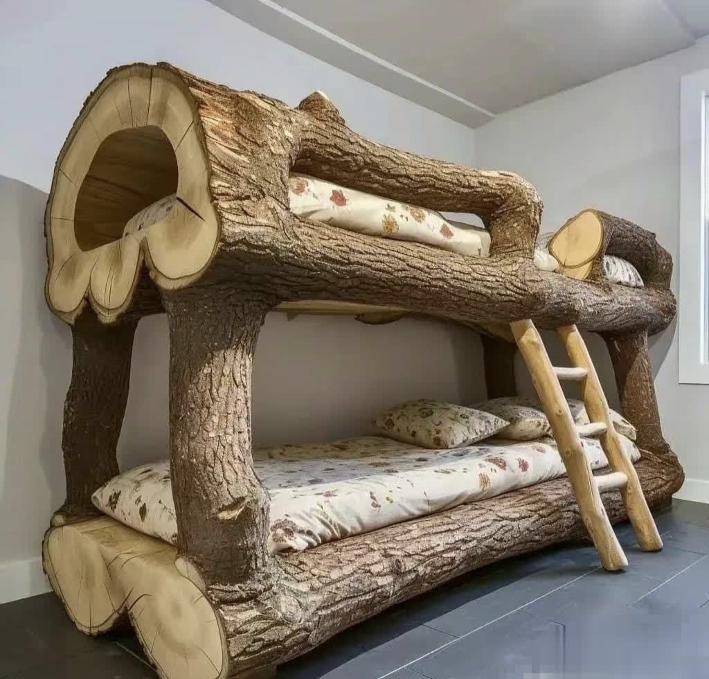爸爸给孩子们做的原生态实木床,不知道这位爸爸是不是在森林工作,一年