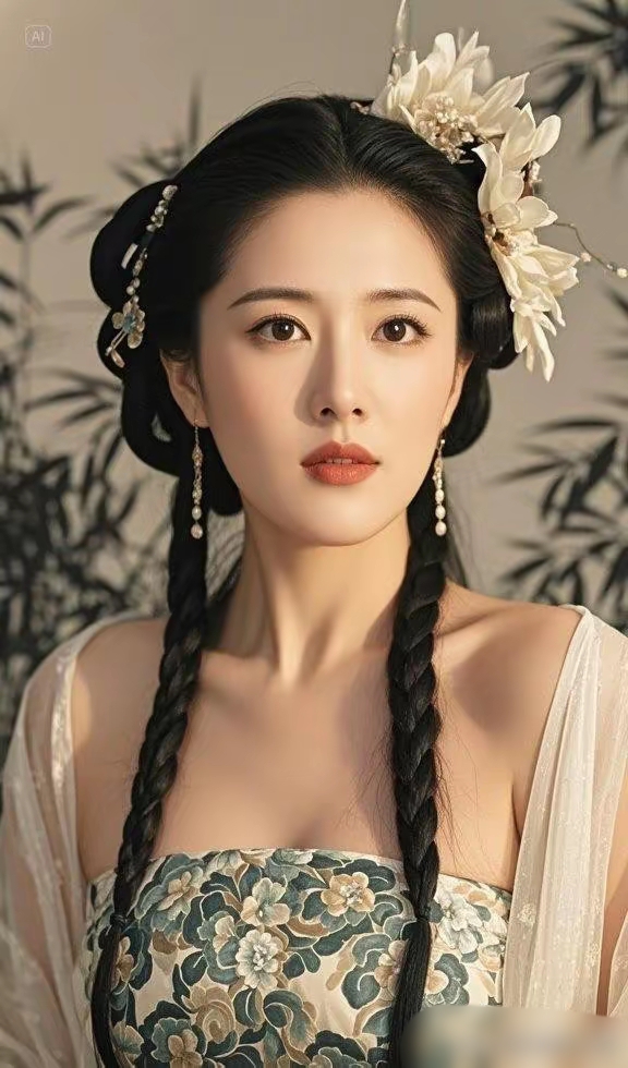 发髻高挽,缀以精致华美的发饰,典雅端庄
