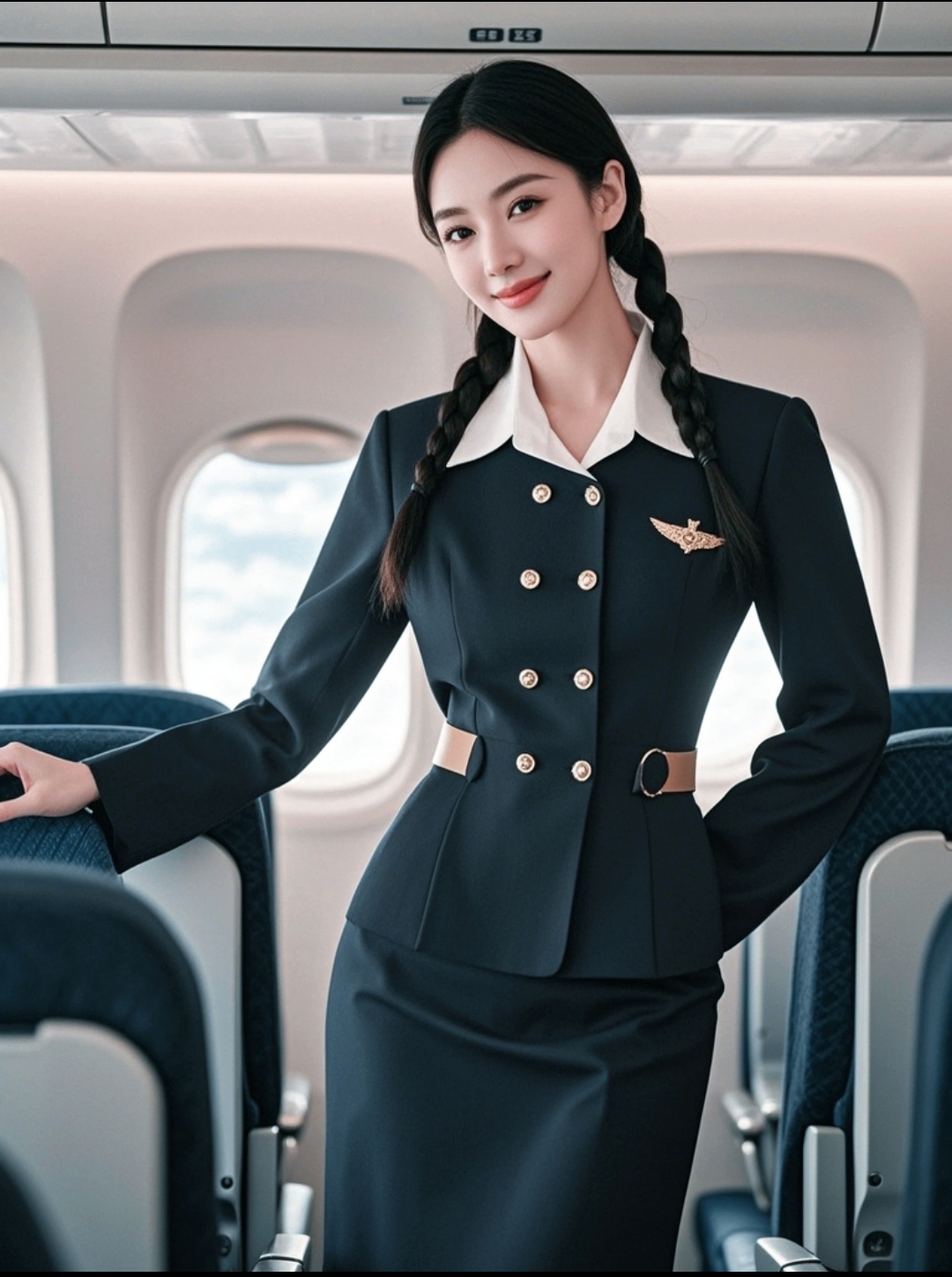 她身着一袭整洁的蓝色制服,彰显出她的专业身份与高贵气质