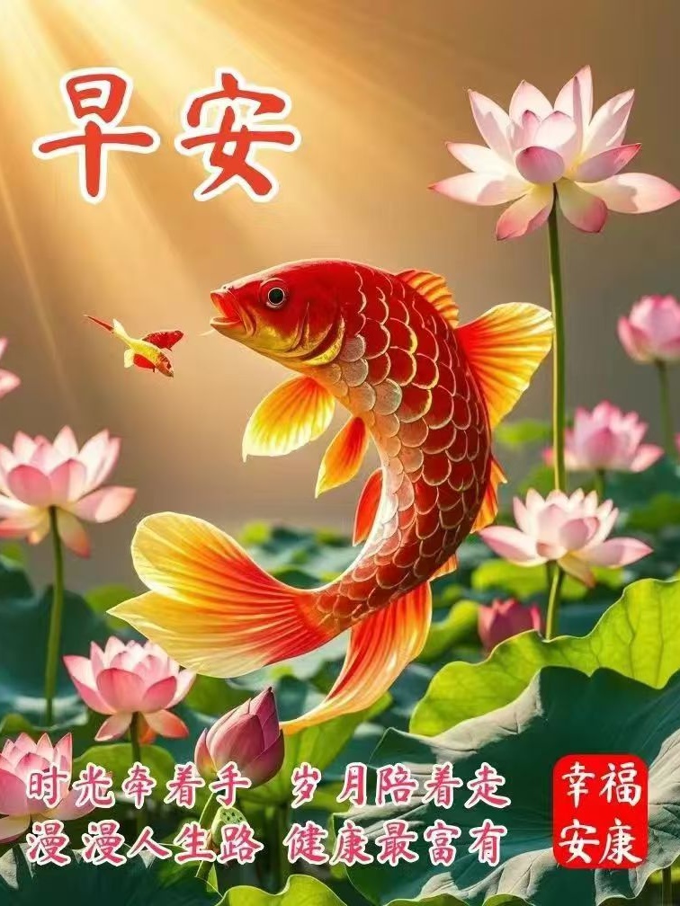 鱼水中有早上好的图片大吉大利顺风顺水早安图片带山水金鱼的早安图片
