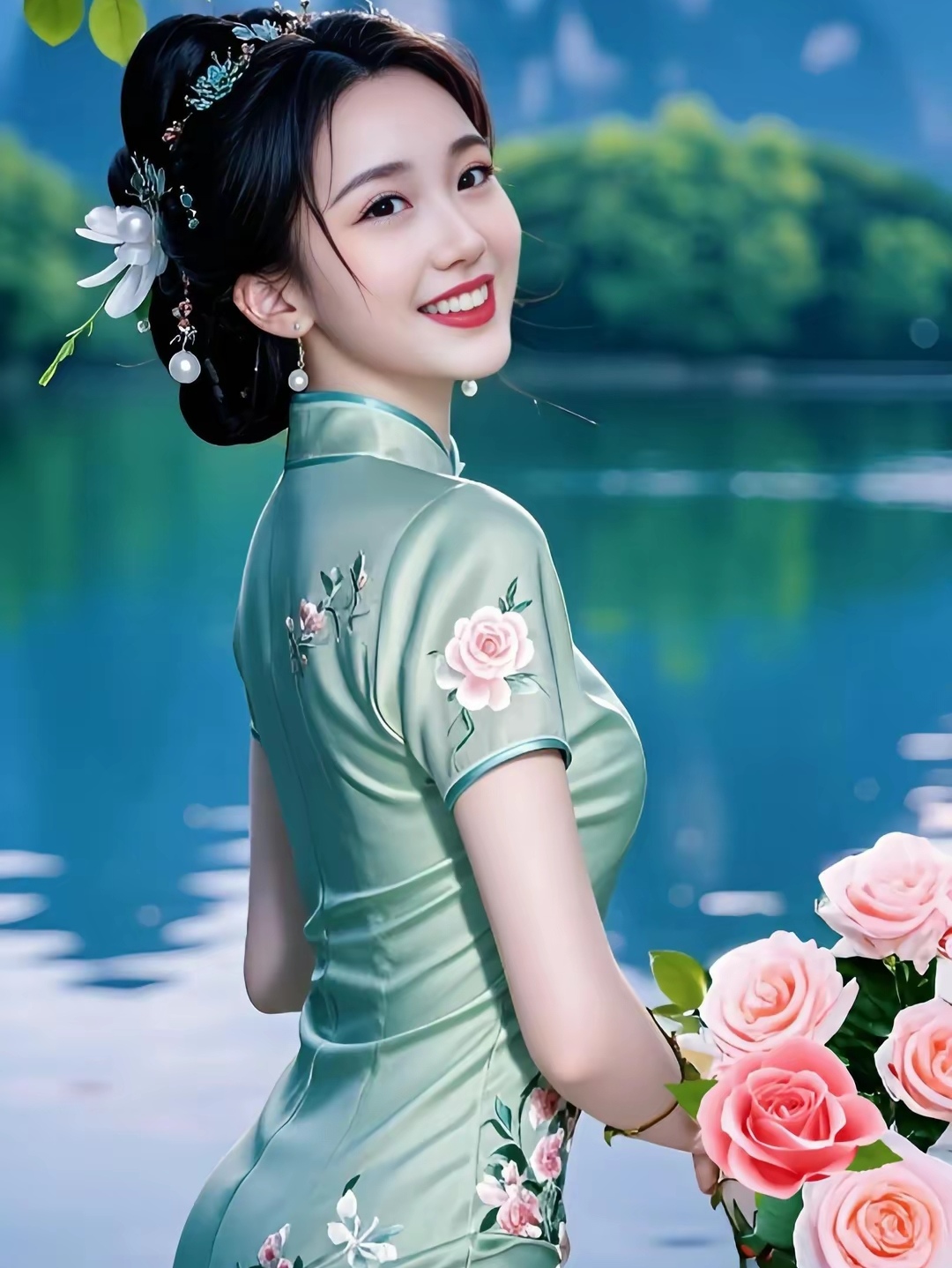 绮梦旗袍情,古韵月露凝,丝绦束花绽.轻纱掩娇颜,曼妙身姿显