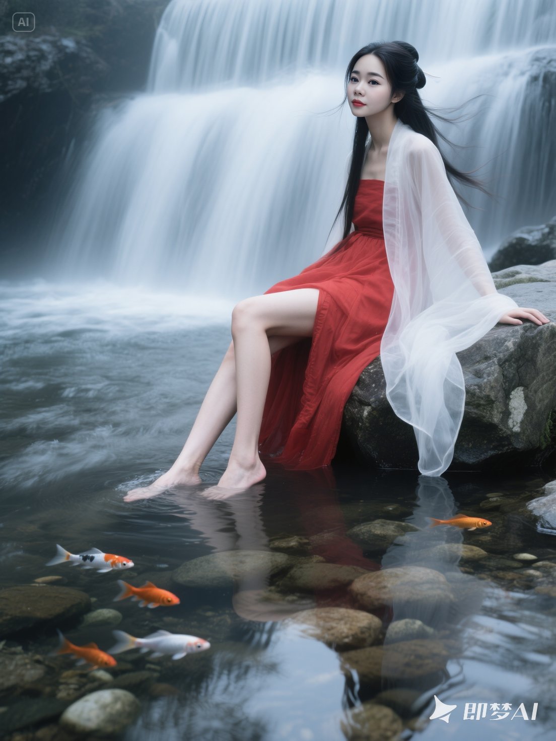 坐在瀑布旁的女孩,红裙白纱,水中的锦鲤悠然游过,构成一幅宁静的画面