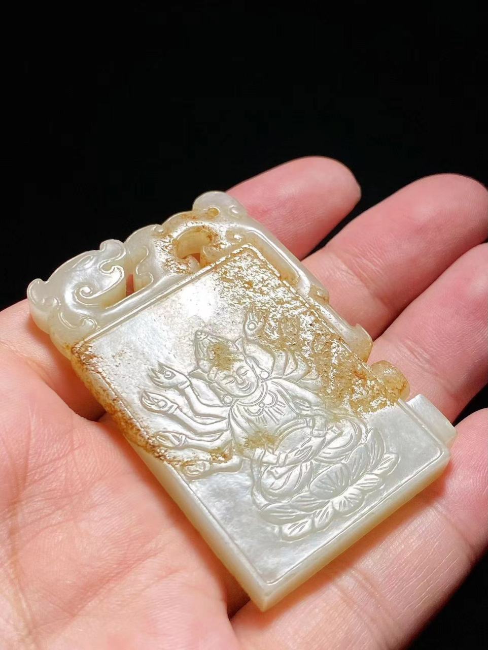 明 和田玉籽料白玉 千手观音 子冈款 玉牌 子冈牌 长4宽0.