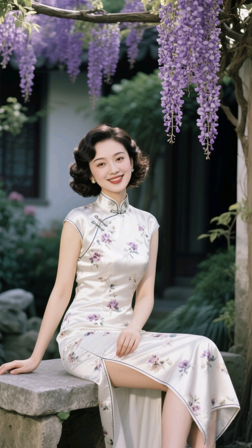 庭院深深,她身着真丝碎花旗袍,浅笑盈盈