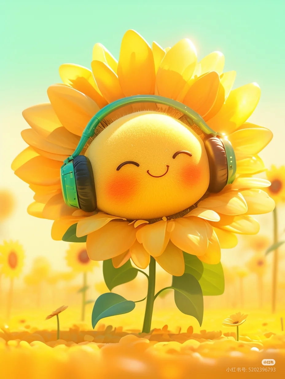 象征着忠诚与热烈,宝宝耳机里的阳光旋律,让这几个微笑的向日葵宝宝