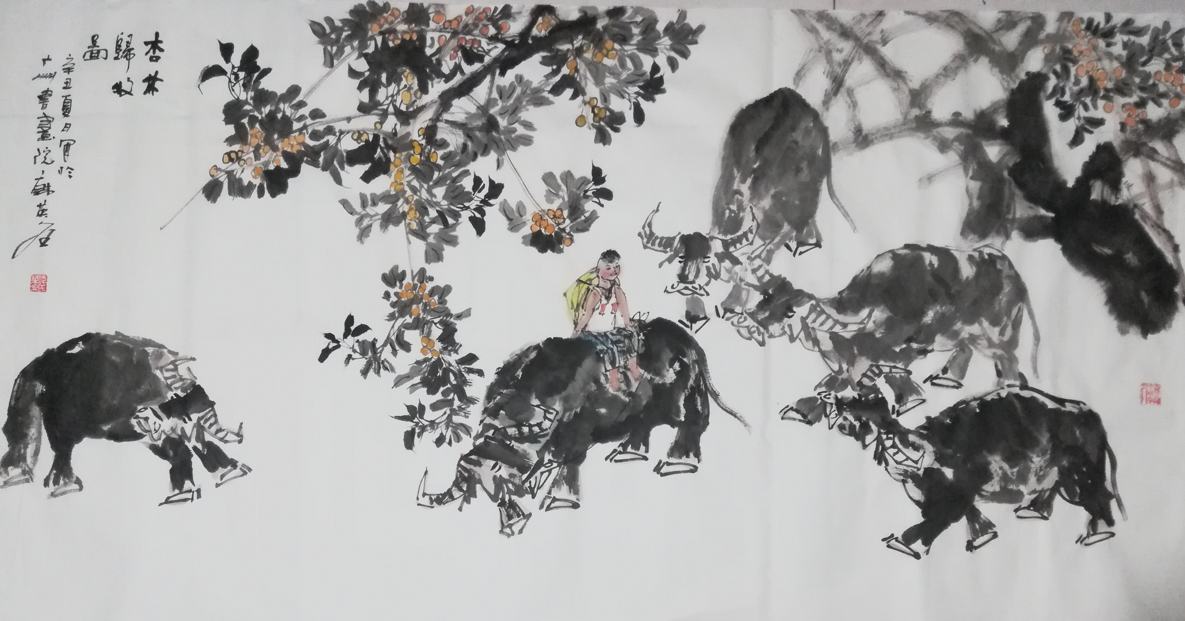 国画写意花鸟 画家韩英金国画作品《杏林归牡图》