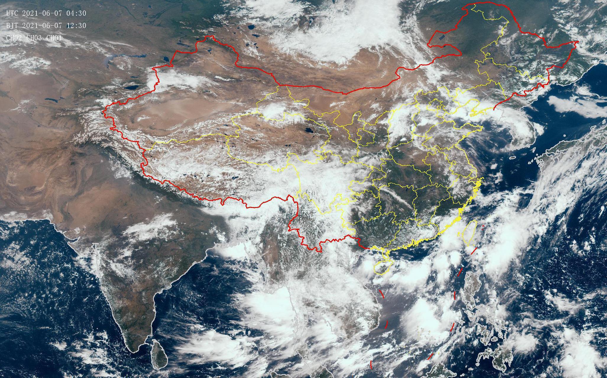 卫星云图上看到,华中天气睛朗,华东和华南有一些零散的云团,河南及