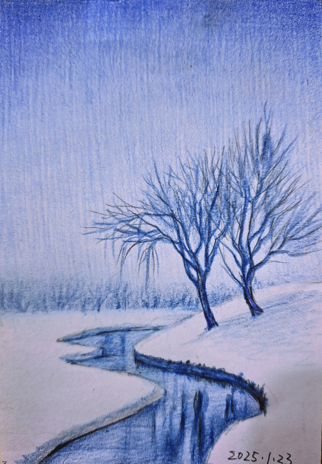 彩铅画《雪原》 "渺万里层云,千山暮雪,只影向谁去?