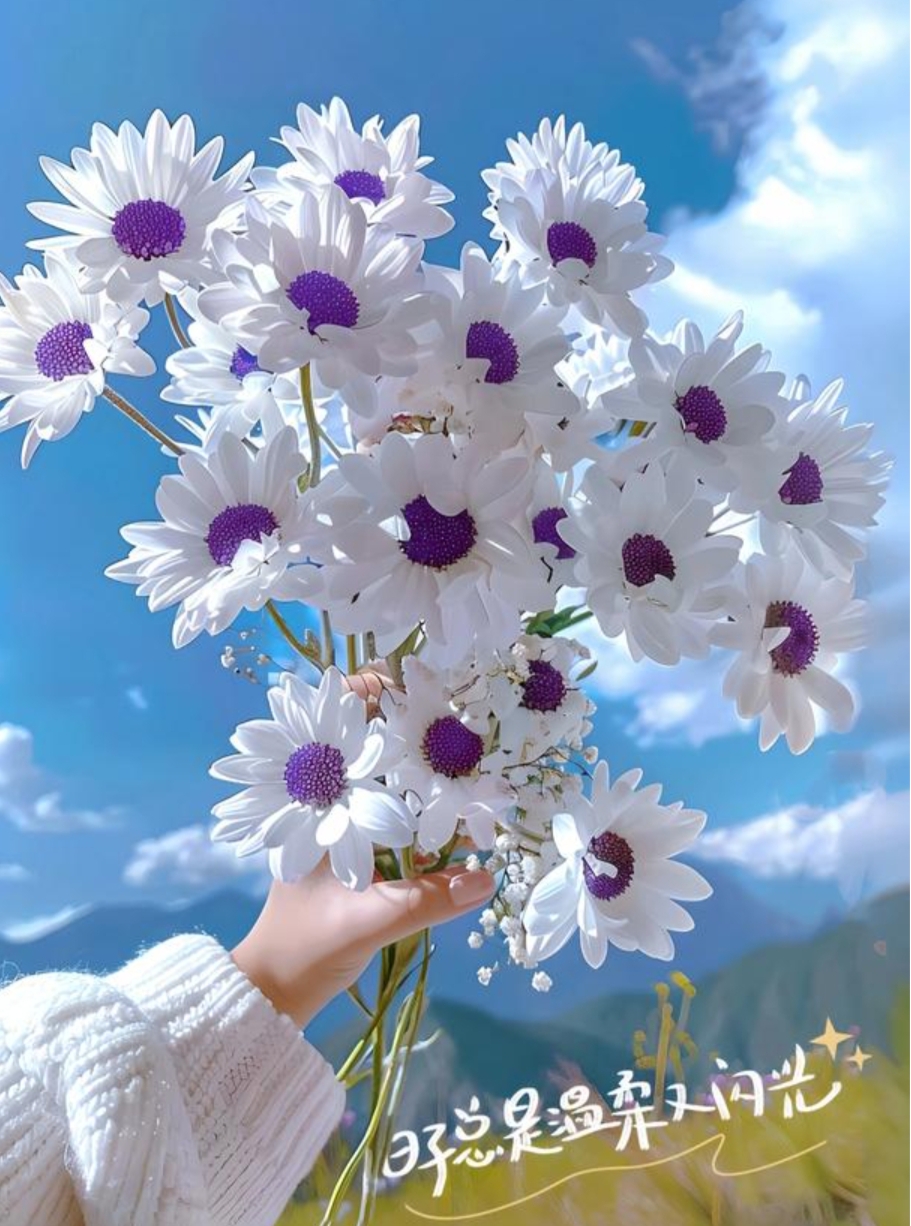 今日份治愈系画面🌸  女孩手持花束,笑对蓝天与