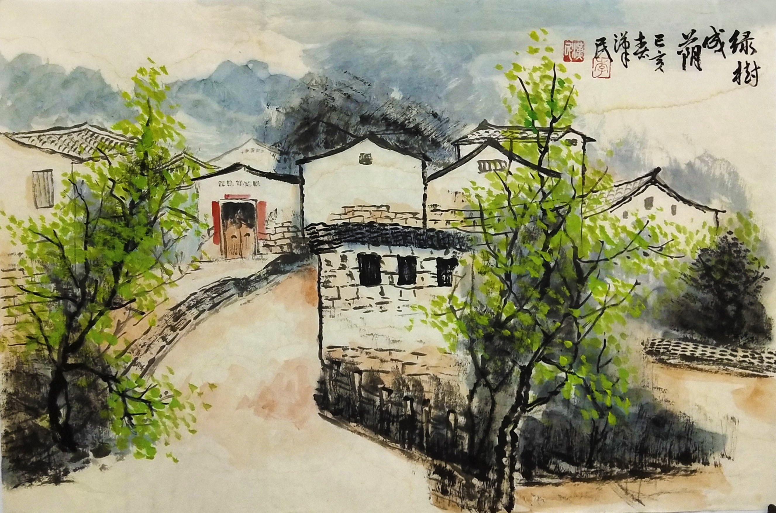 国画小山村山水画图片