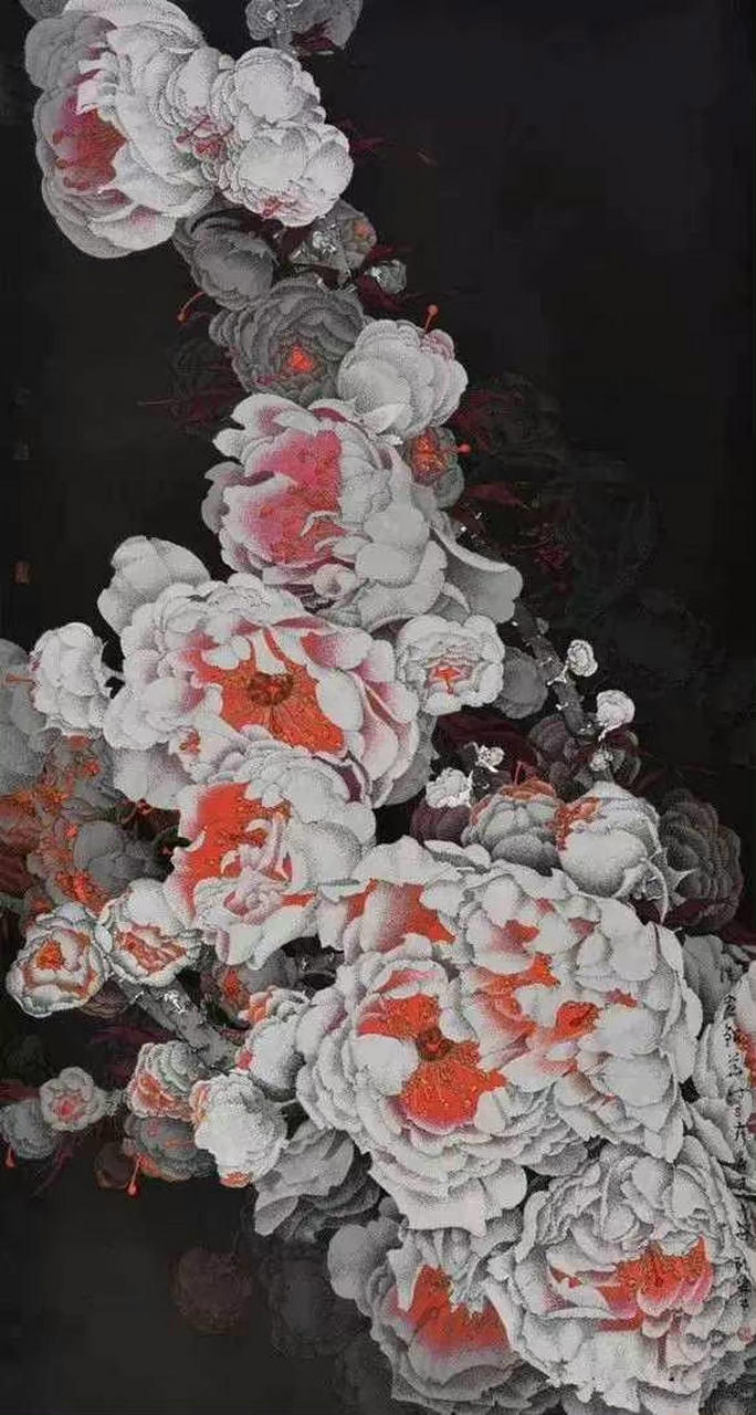 崔志安的花鸟画作品,章法繁满奇特,设色明亮大胆,意境雄强博大,作品