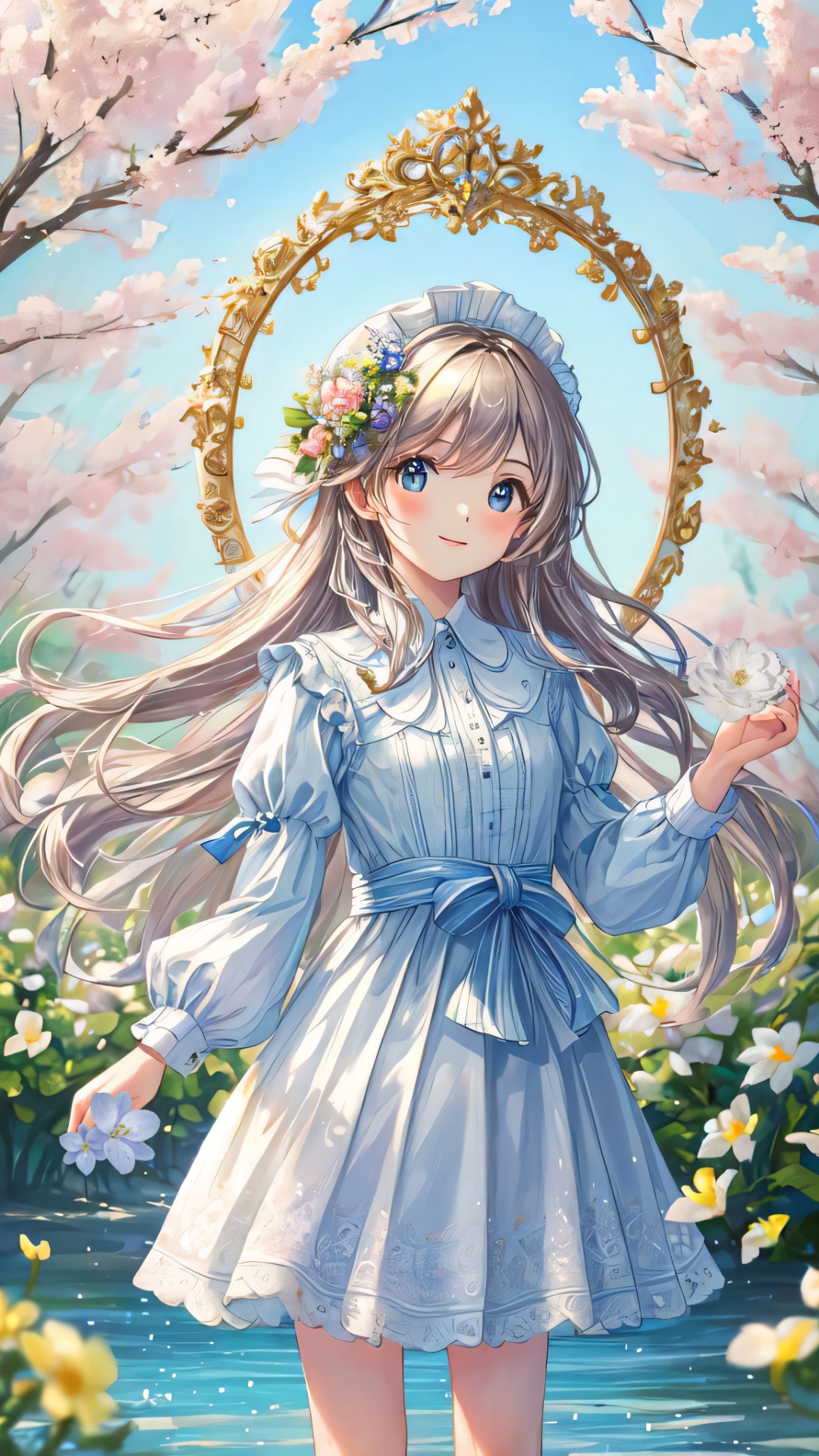 春日的阳光斜斜地洒在草地上,蓝发女孩身着白色