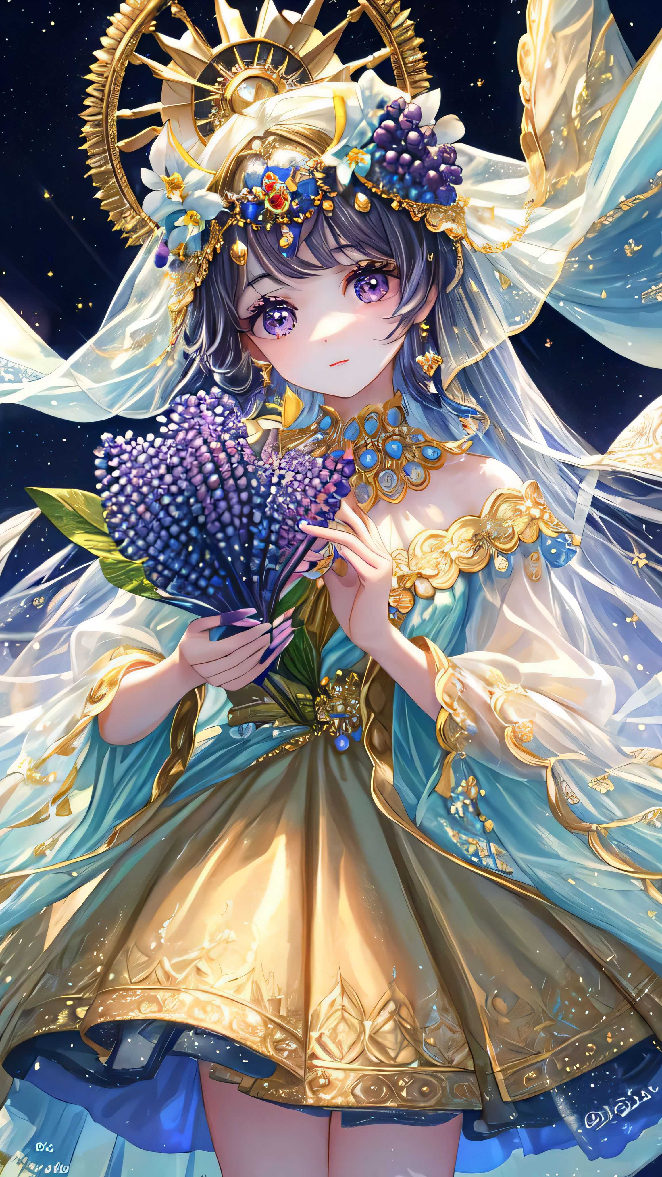 她身穿梦幻般的蓝色长裙,裙摆随着她的步伐轻轻摇曳,仿佛水波荡漾.