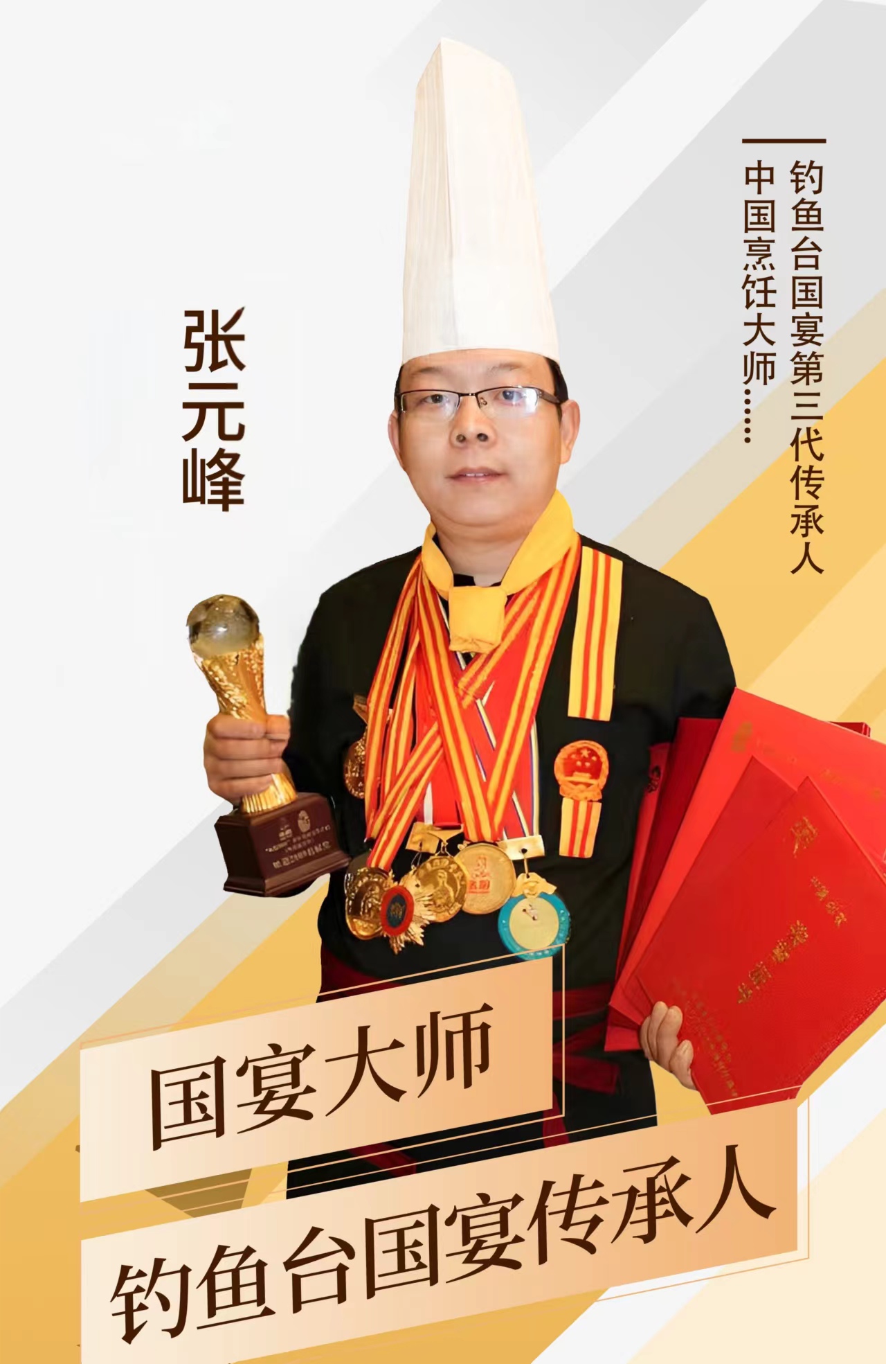 国宴大师,亚洲厨师协会理事,河南省名厨名店专业委员会副会长,中国