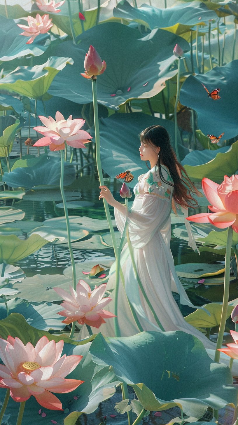 夏日荷花池,女孩轻舞动,清新脱俗间.