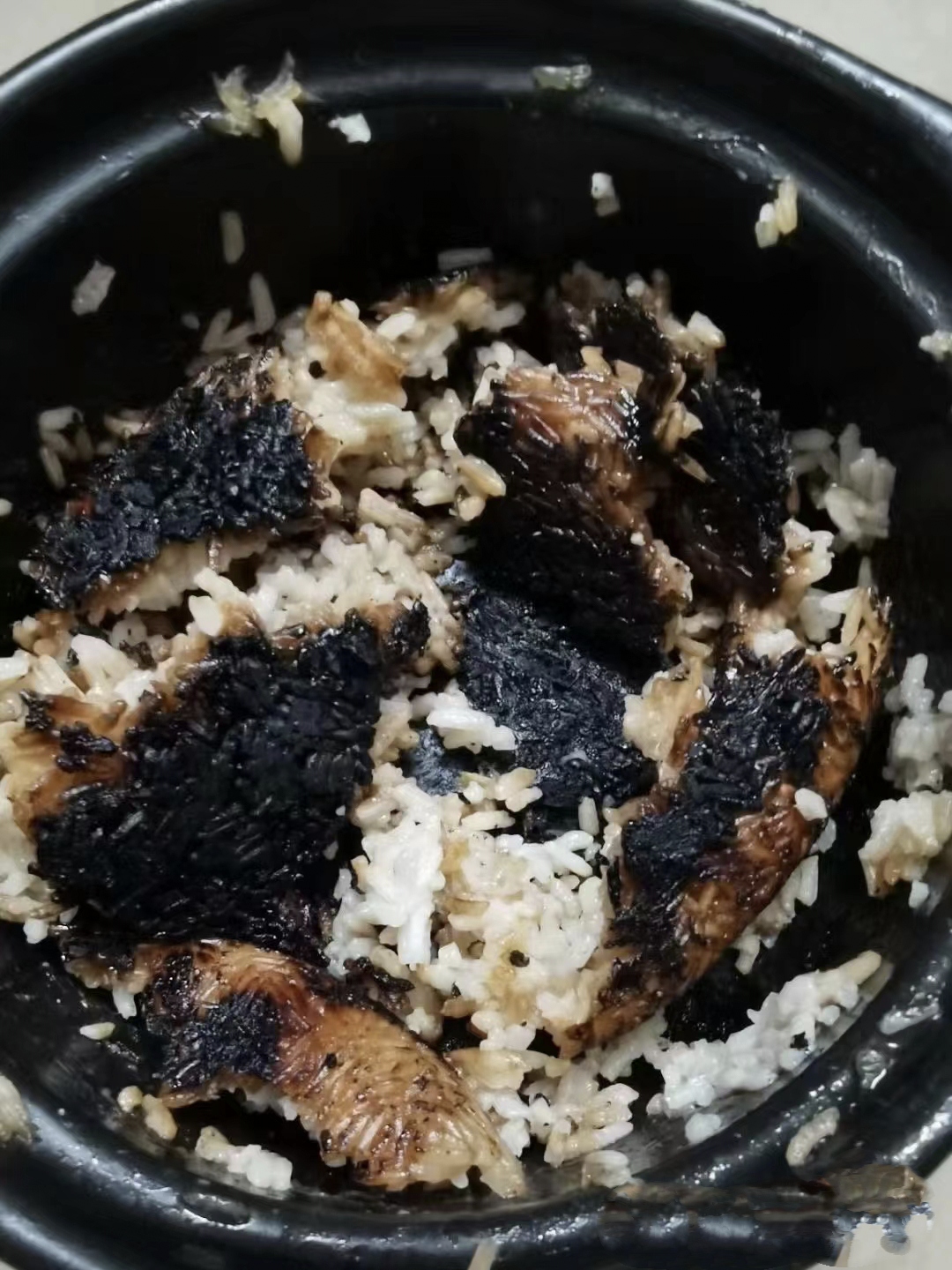 看起来好美味哦!这是白米饭上撒了烤焦的鱼块和绿色蔬菜碎片吧!
