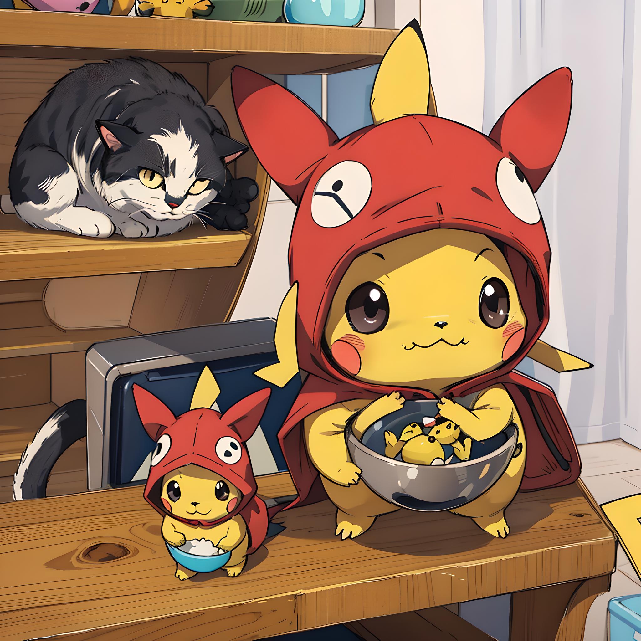 小皮卡丘与红衣皮卡丘一同享受美食,画面中的它们如同现实中的我们