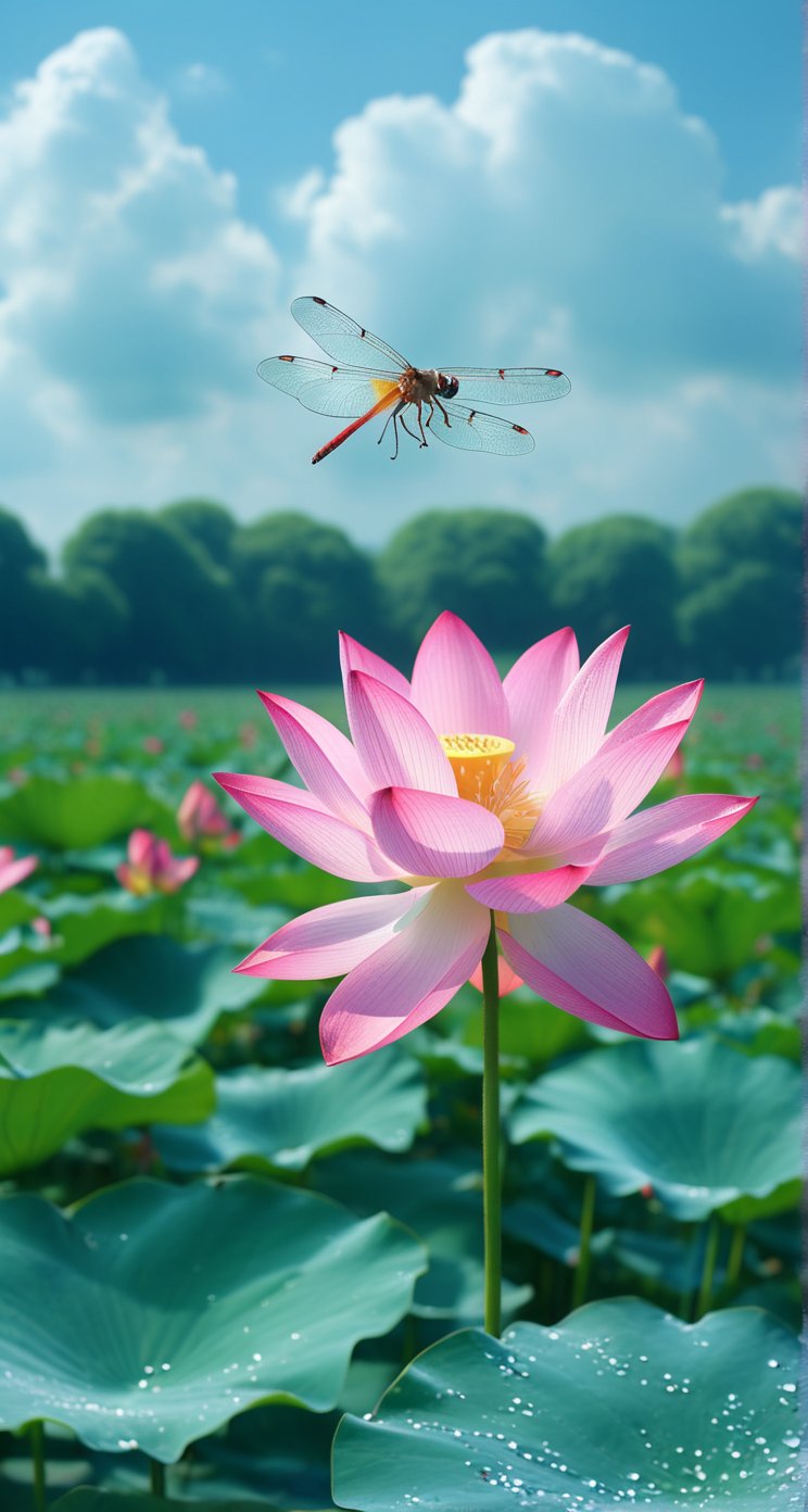 哇,这朵粉嫩的荷花配上翩翩起舞的蜻蜓,多美的一幅画啊!