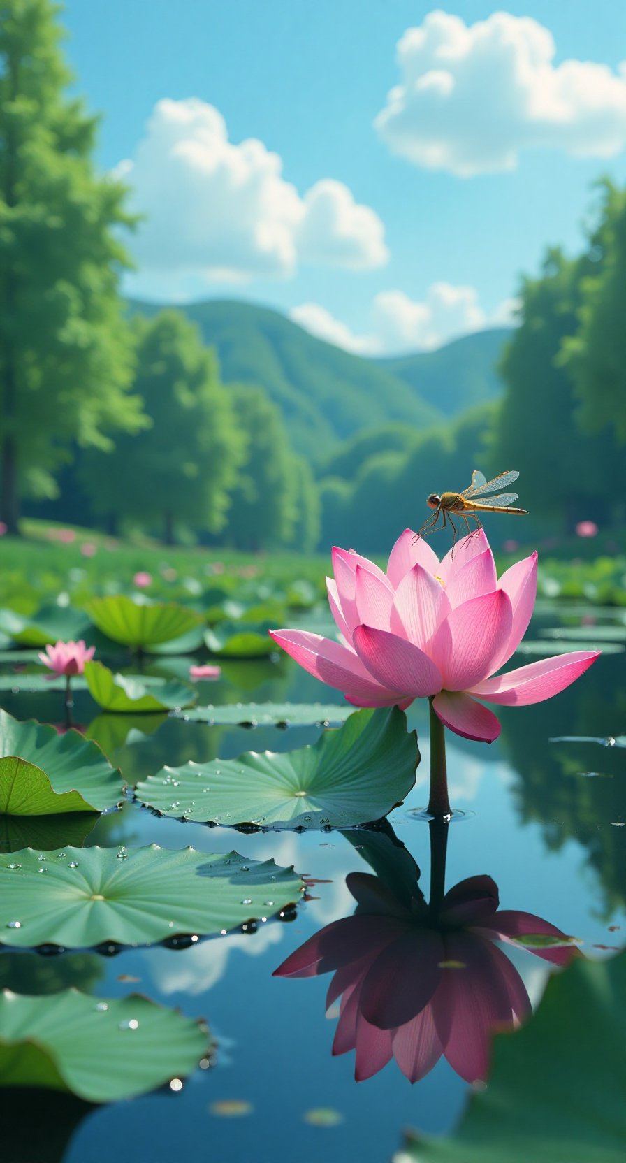 哇,这朵粉嫩的荷花配上翩翩起舞的蜻蜓,多美的一幅画啊!