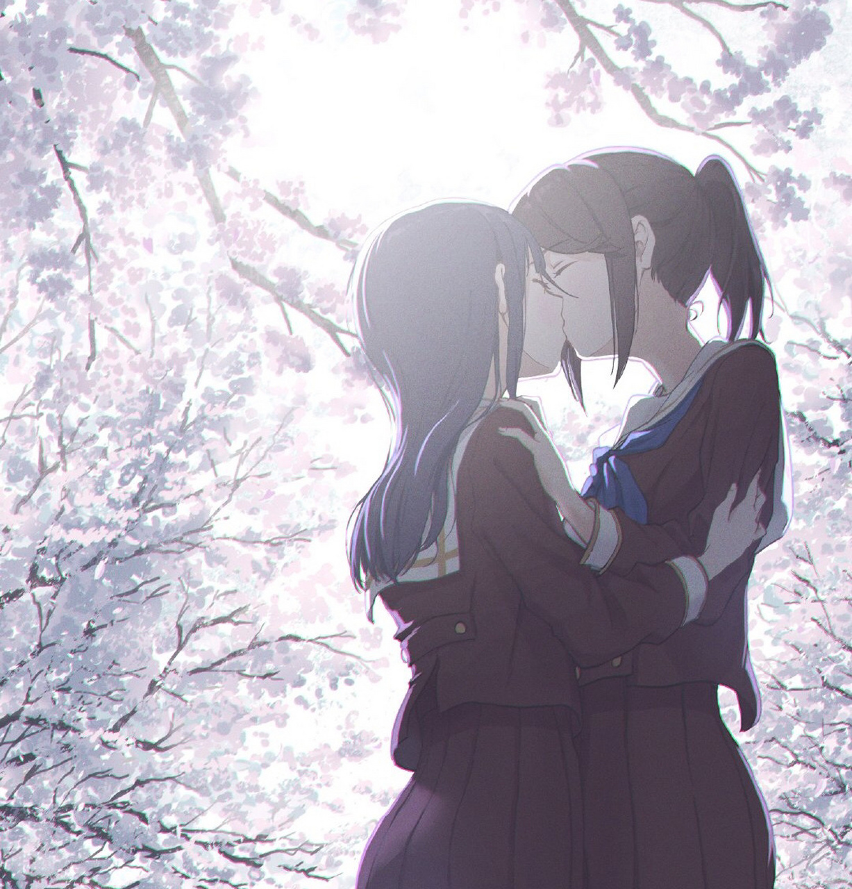 少女成双#  百合  利兹与青鸟  樱花树下kiss  画师:れぇ