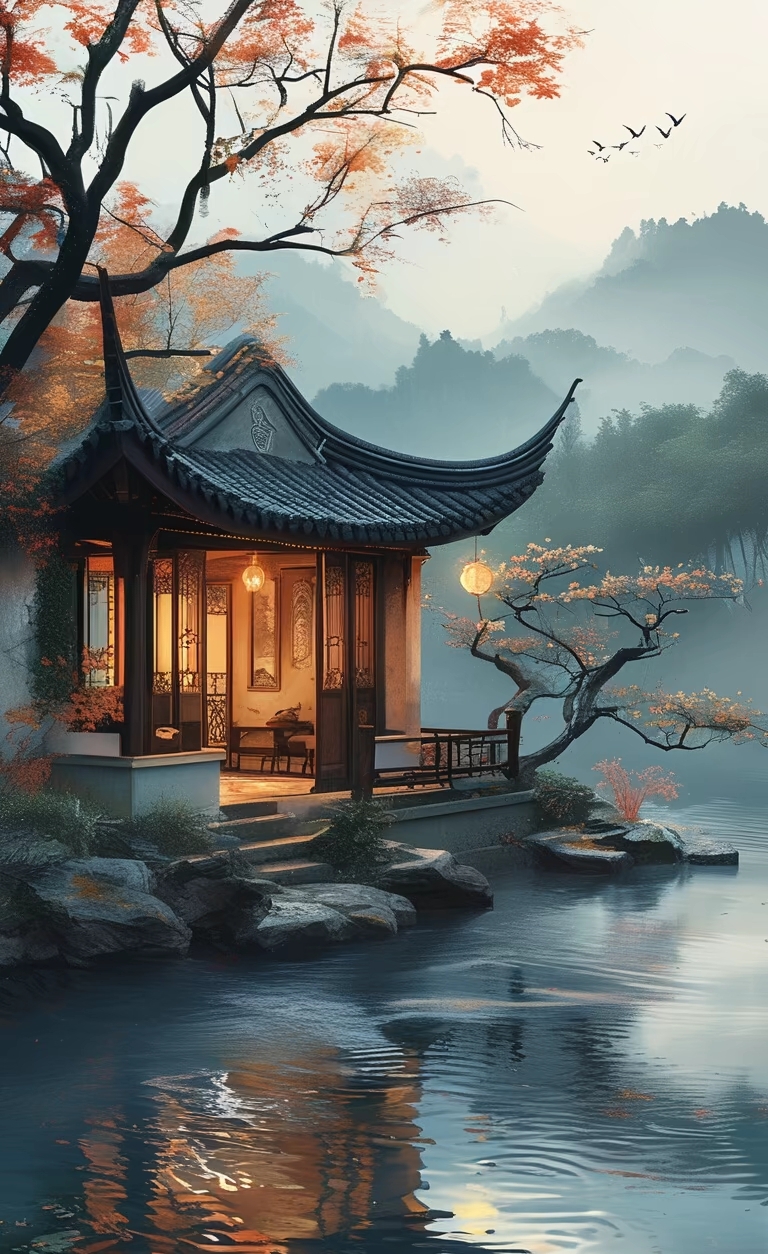 湖边的古风小亭,静谧而美好,仿佛能听见鸟鸣和风吹过树叶的声音