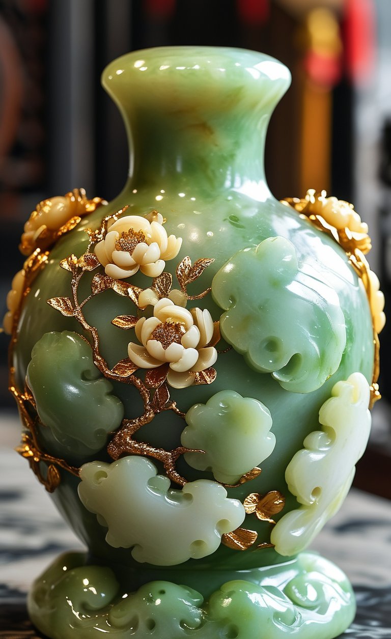 这古董绿玉花瓶真是美翻了!金边点缀,更显华贵