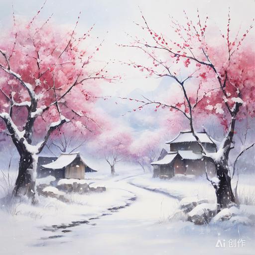 新中式雪景水墨画雪中绽放的梅花图片雪中梅花油画十里梅花作雪声配图