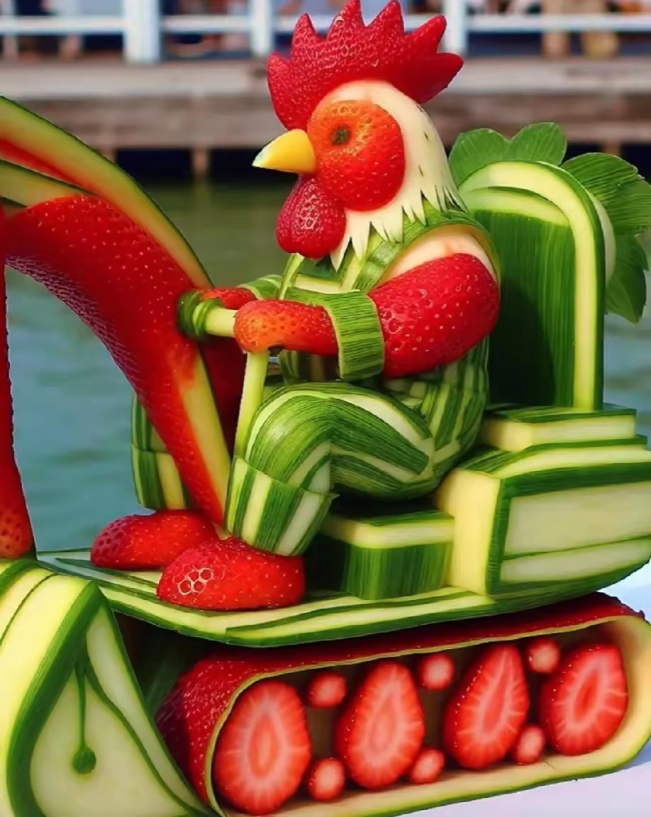 瞧这创意,用水果雕出的小火车,带着草莓乘客,准备出发咯!