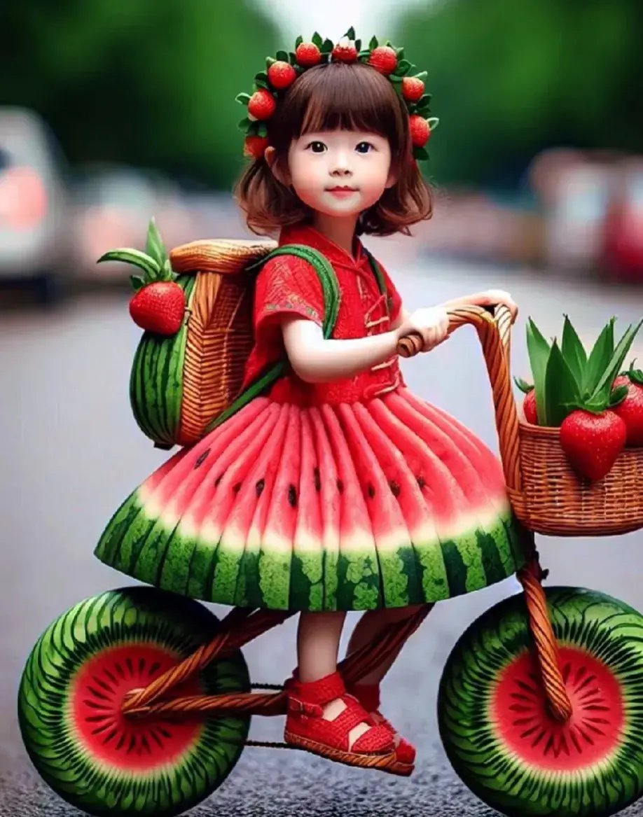 西瓜小萌宝来袭,夏日水果女孩,骑着西瓜单车,甜美笑容,清爽一夏