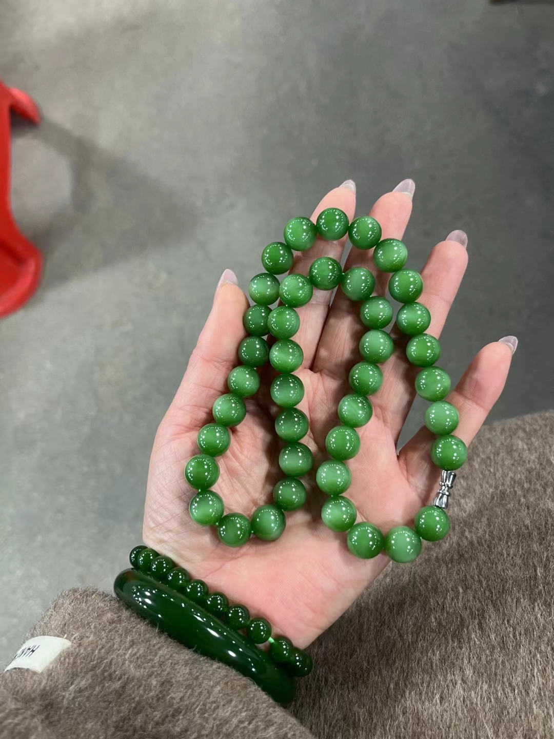 收藏款和田玉碧玉猫眼佛珠链毛衣链项链,俄碧老料,卡12mm绿猫眼,猫眼