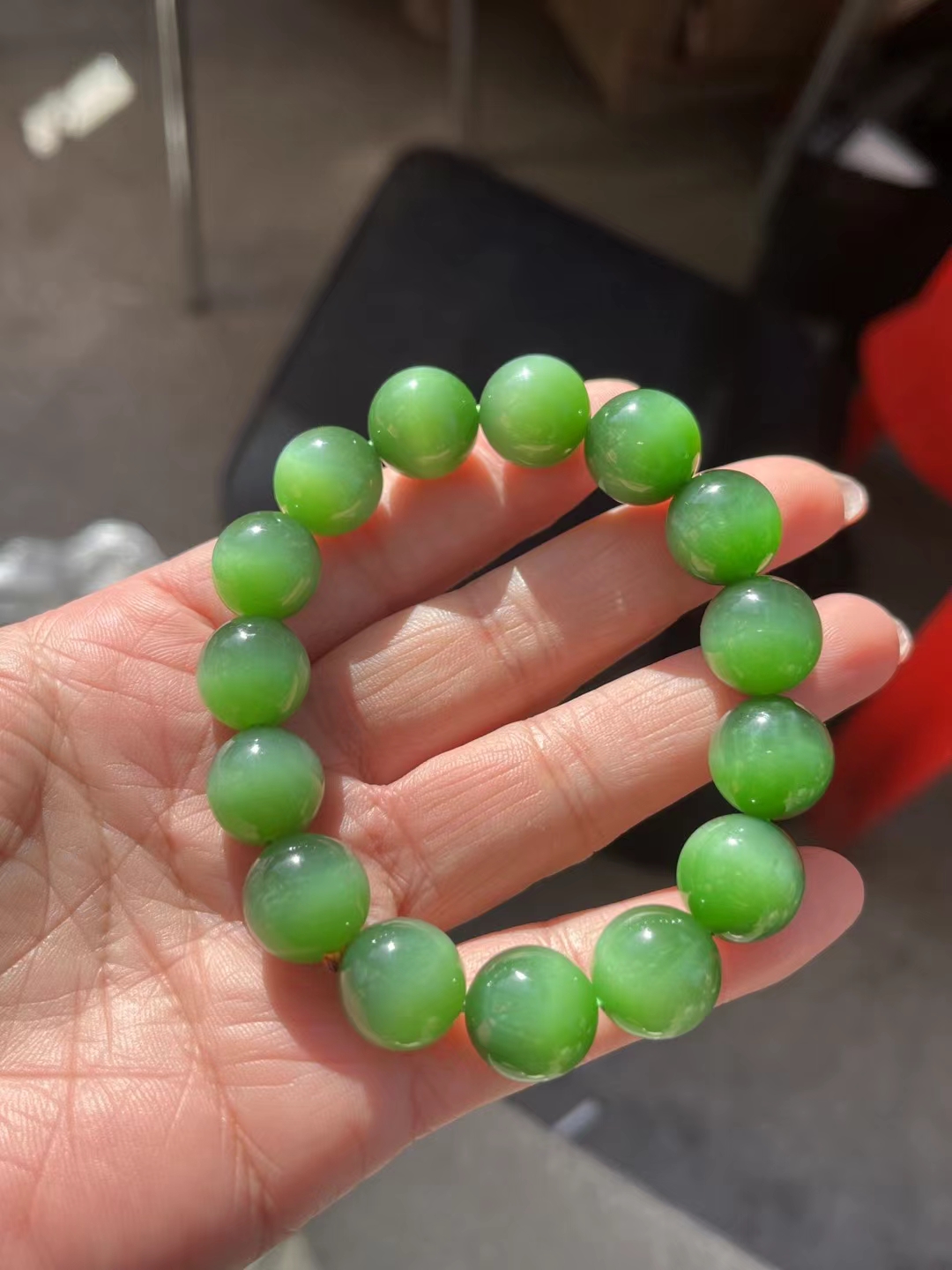 收藏款和田玉碧玉14mm绿猫眼手串手链,补个细节图