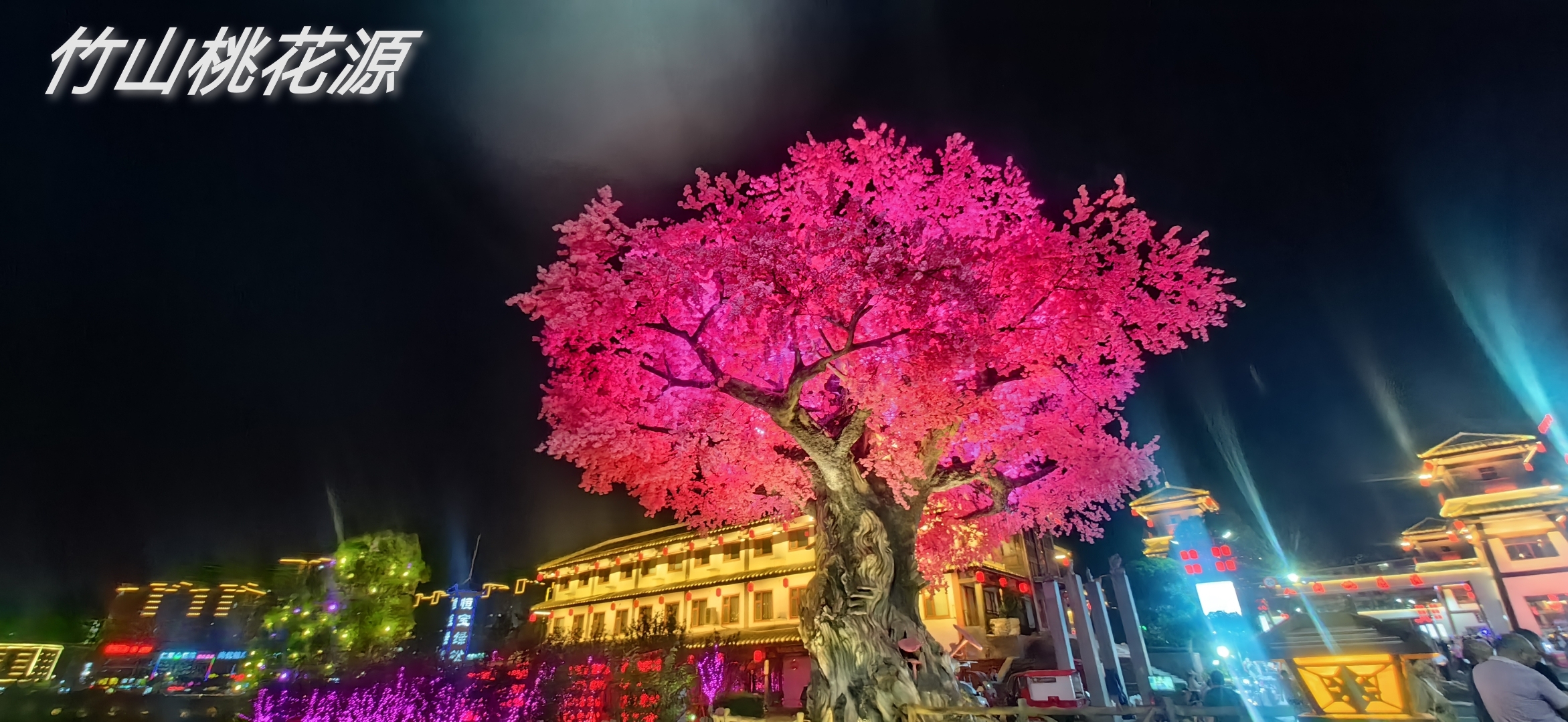 94梦幻夜景,穿越至"竹山桃花源"78  夜晚的桃花树在灯光的映照下