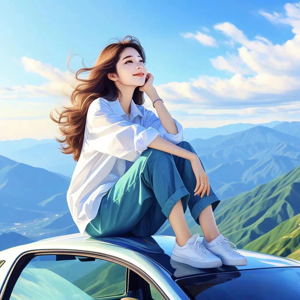 "山顶上的悠闲时光,蓝天白云下的自在旅行,坐在车顶,风吹起发丝,享受