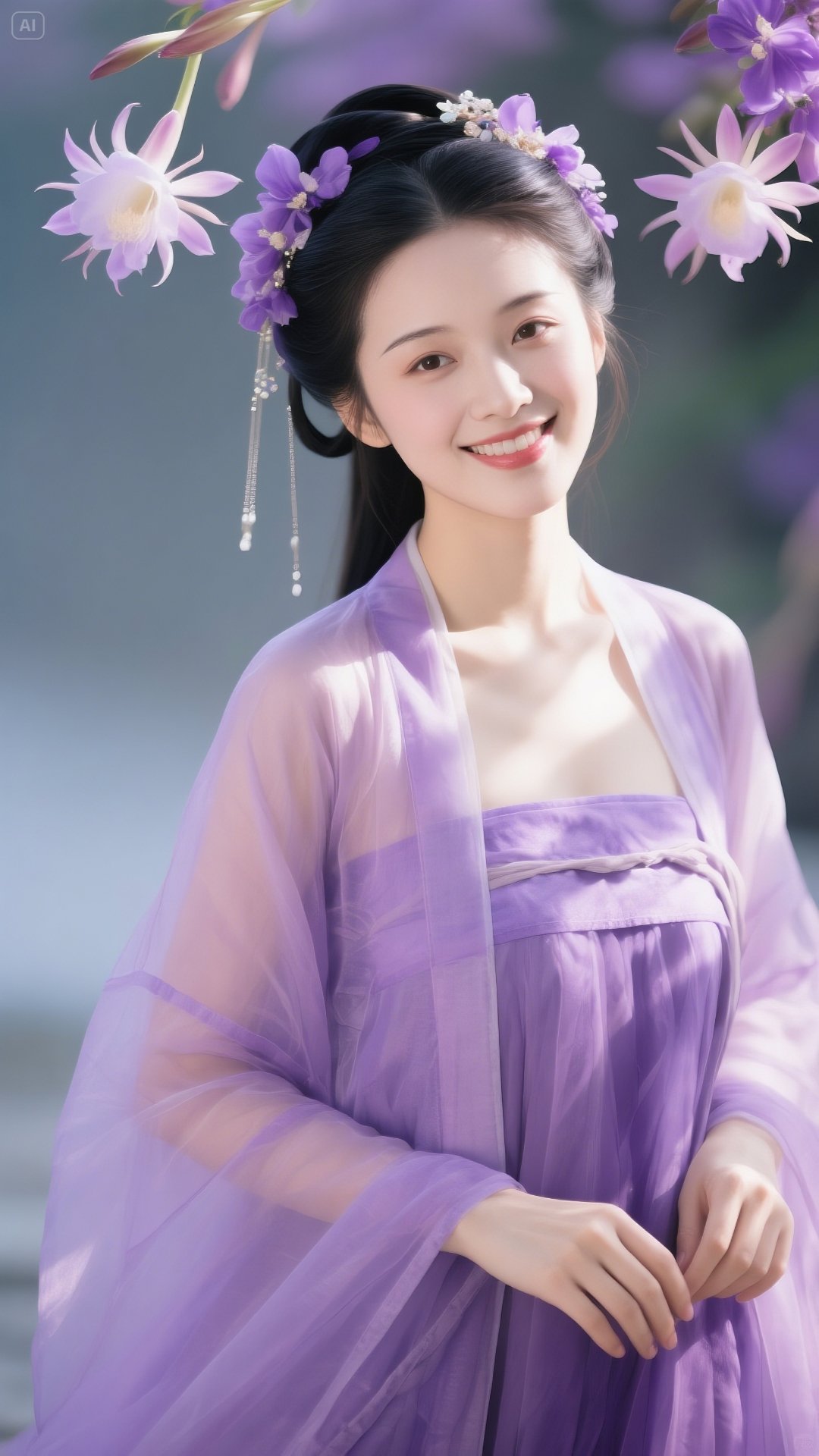 捕捉到一位紫衣佳人在花间浅笑,美得让人心动!