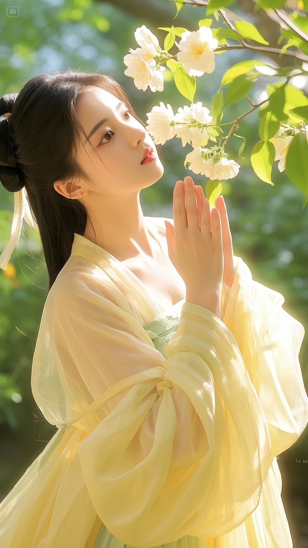 樱花树下,她如画中仙,黄裙翩翩,美得让人心动