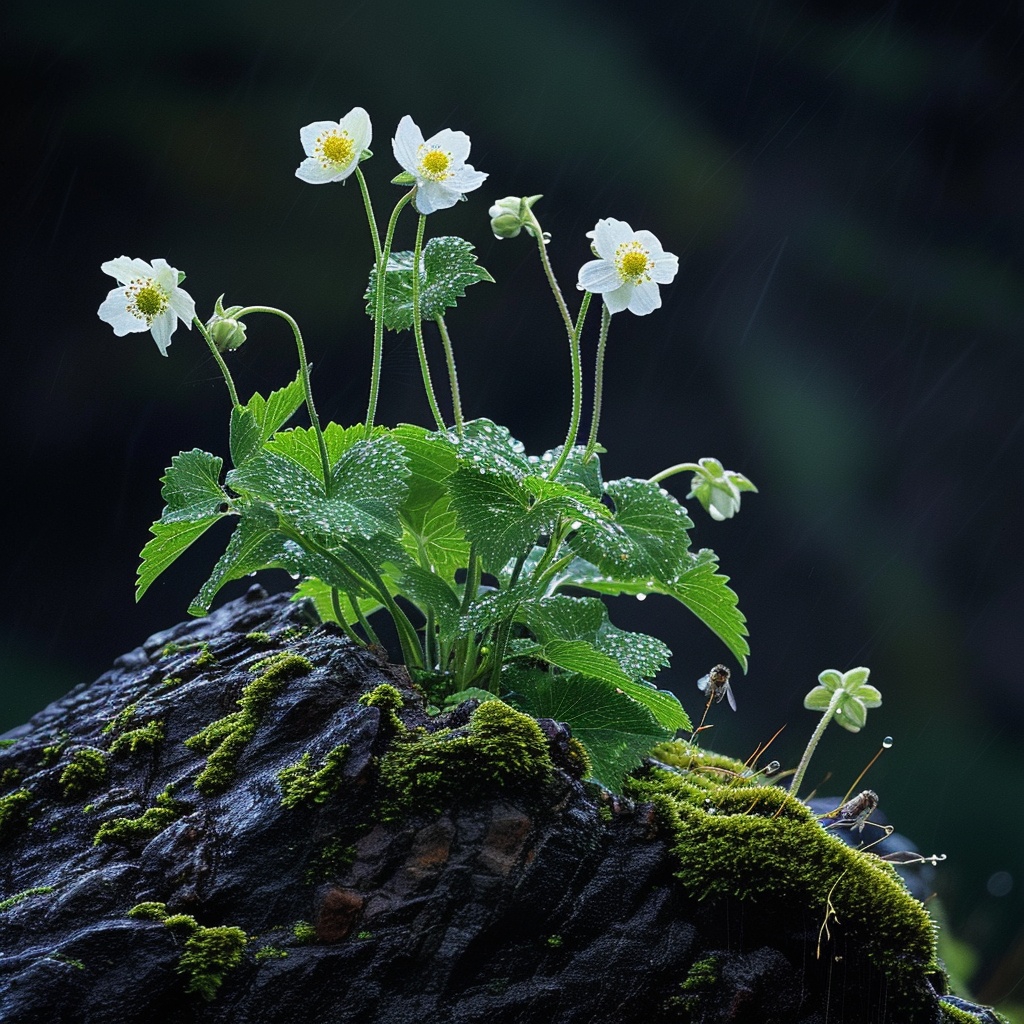 在一片荒凉与寂静的岩石上,几朵小花顽强地展露着它们的孤独美丽.